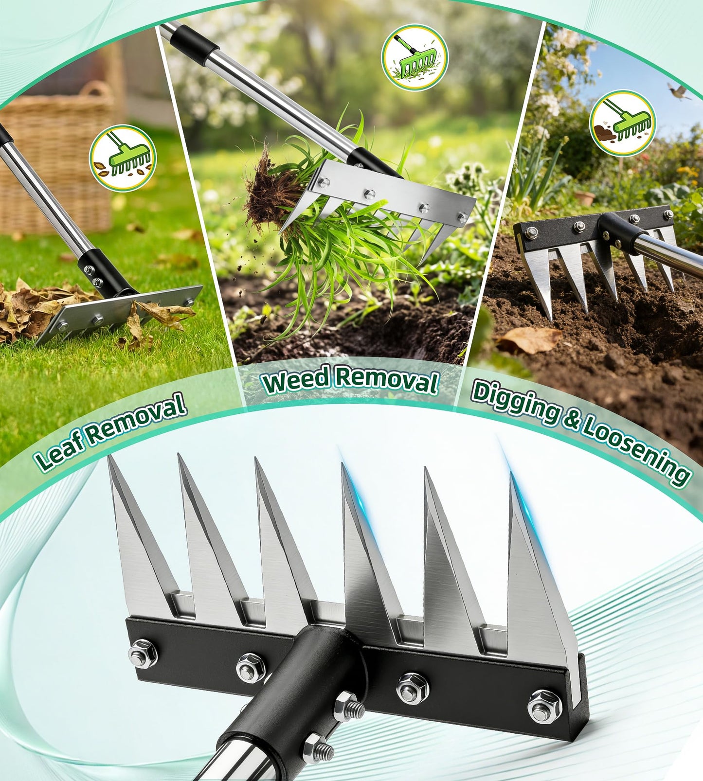 Joysuga Weed Rake Tool Iron Weed Puller with 71" Adjustable Long Handle, 6 Teeth Garden Weed Remover Tool Heavy Duty Manual Weed Puller with Gloves for Yard, Lawn, Garden