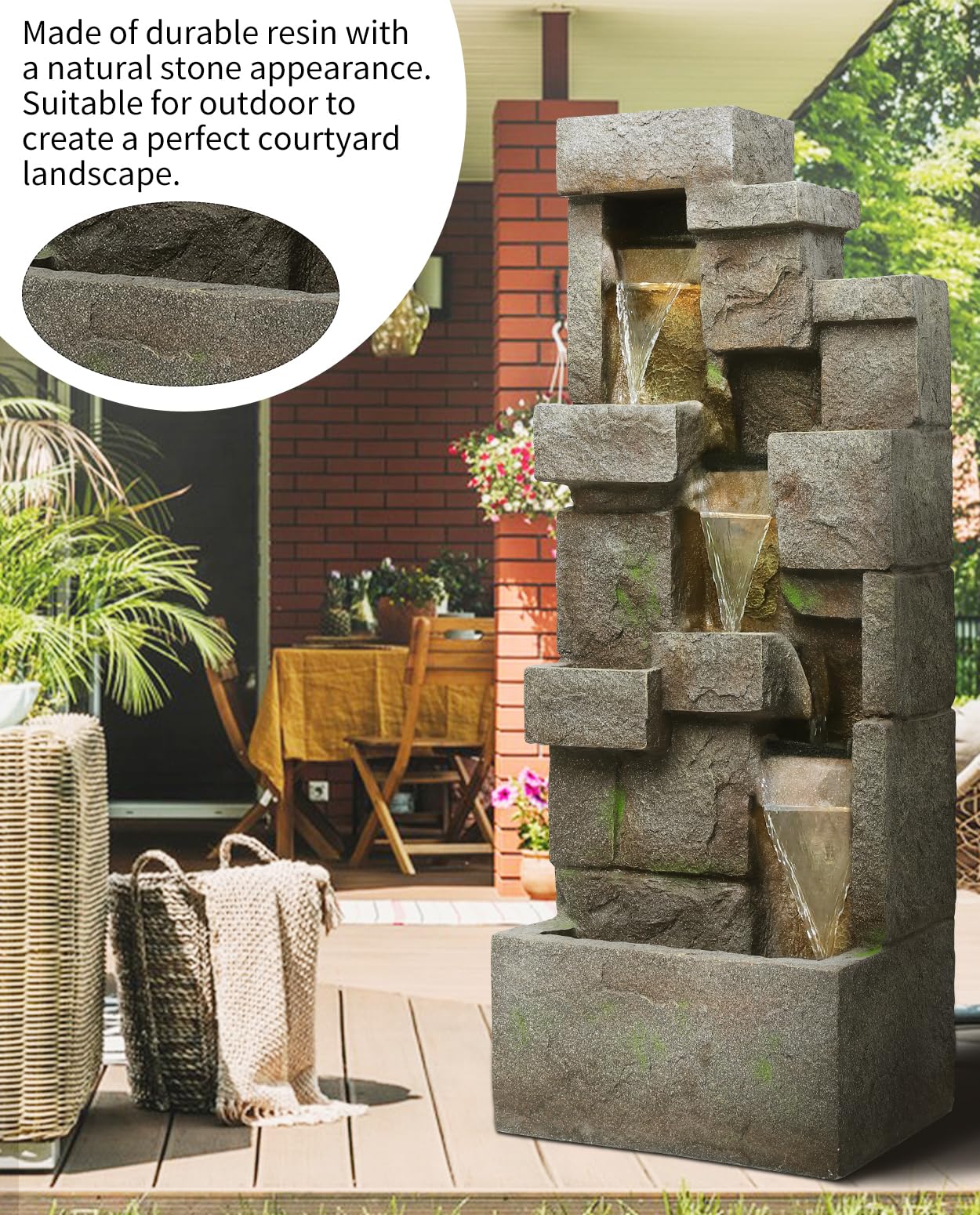 LOTCAIN 48.6" Water Fountain Outdoor Floor-Standing Garden Fountains with LED Lights 3 Tier Modern Waterfall Fountain Decor Rock Fountain for Patio Garden Yard Backyard Porch Home Art Decor, Yellow