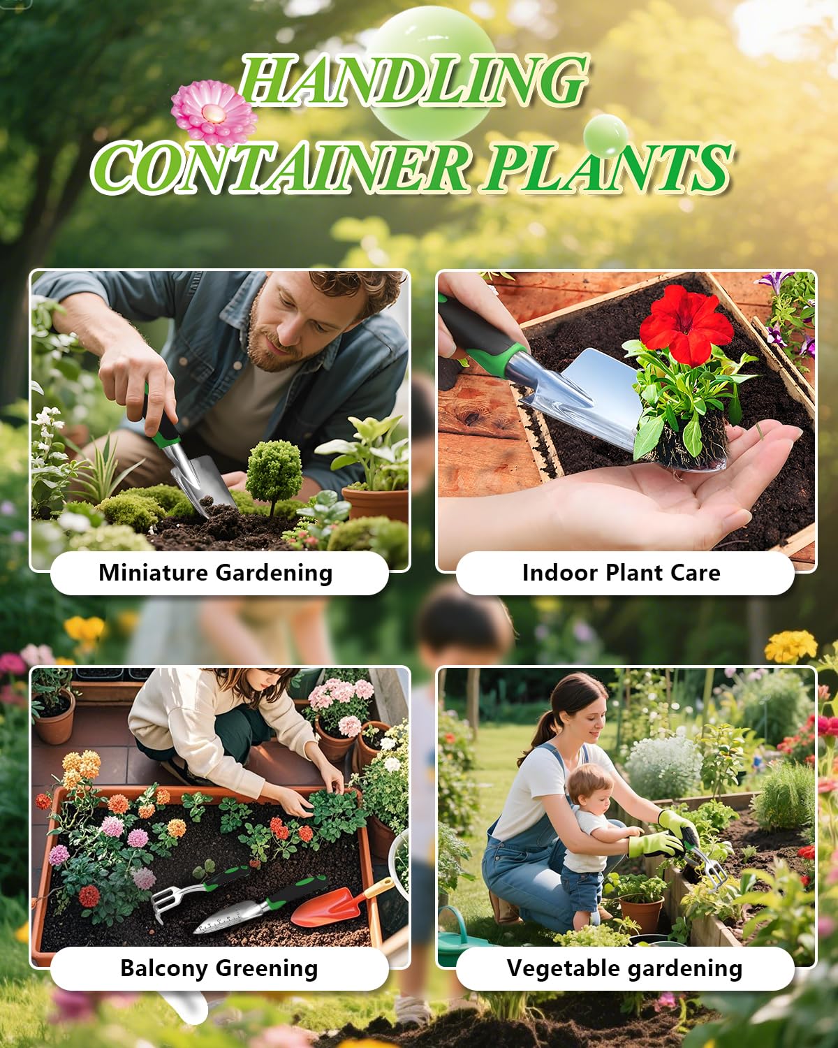 Garden Tools, Heavy Duty Cast-Aluminum Garden Tool Set with Hand Trowel, Transplant Trowel, Cultivator Rake, Soft Rubber Ergonomic Non-Slip Handle, Gardening for Home Gardeners (Basic Set (3 PCS))