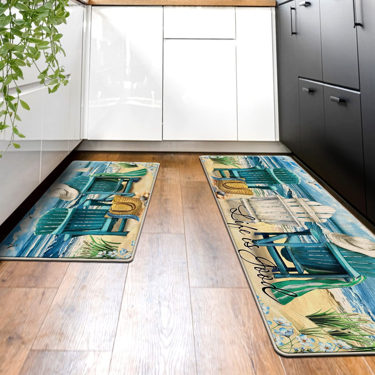 Tailus Summer Blue Sea Chairs Beach Decorative Kitchen Rugs Set of 2, Ocean Seagull Sailboat Kitchen Mat Coastal Non-Slip Floor Mat, Nautical Home Kitchen Decorations 17x29 and 17x47 Inch