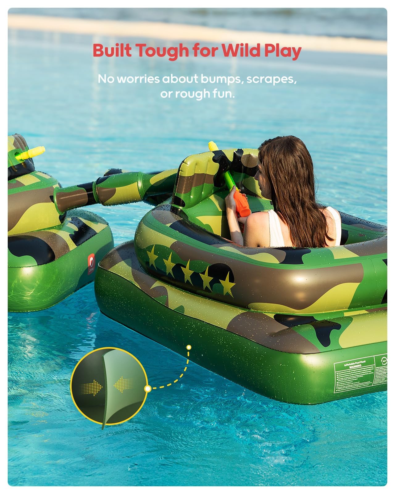 QPAU Inflatable Tank Pool Float for Adults & Kids – Ride-On Camouflage Floaty with Water Cannon, Swim Raft Toy for Boys Girls Ages 6+, Lake Beach Backyard Party Floaties, Green