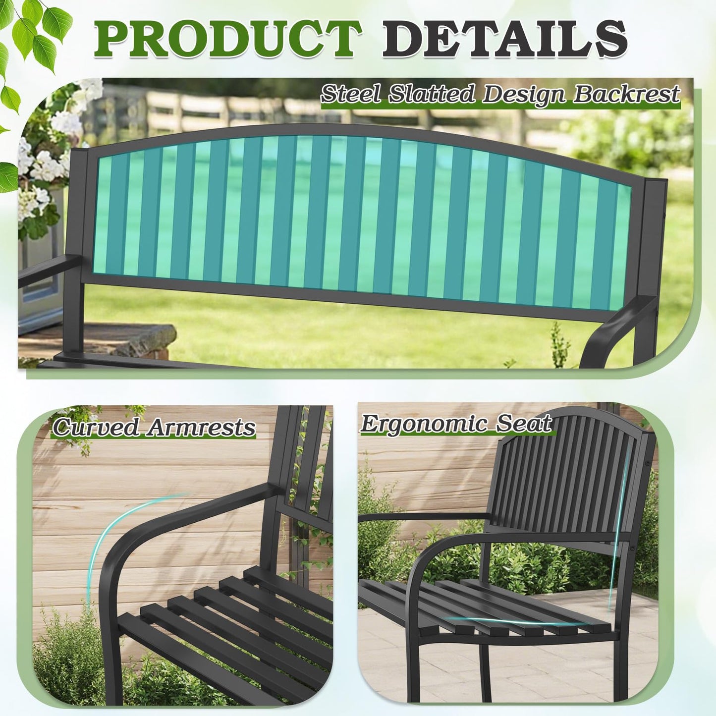 GUINGFUN 50" Outdoor Bench, Heavy-Duty Metal Frame Graden Bench, Weatherproof Patio Park Bench for Front Porch, Park, Yard, Patio
