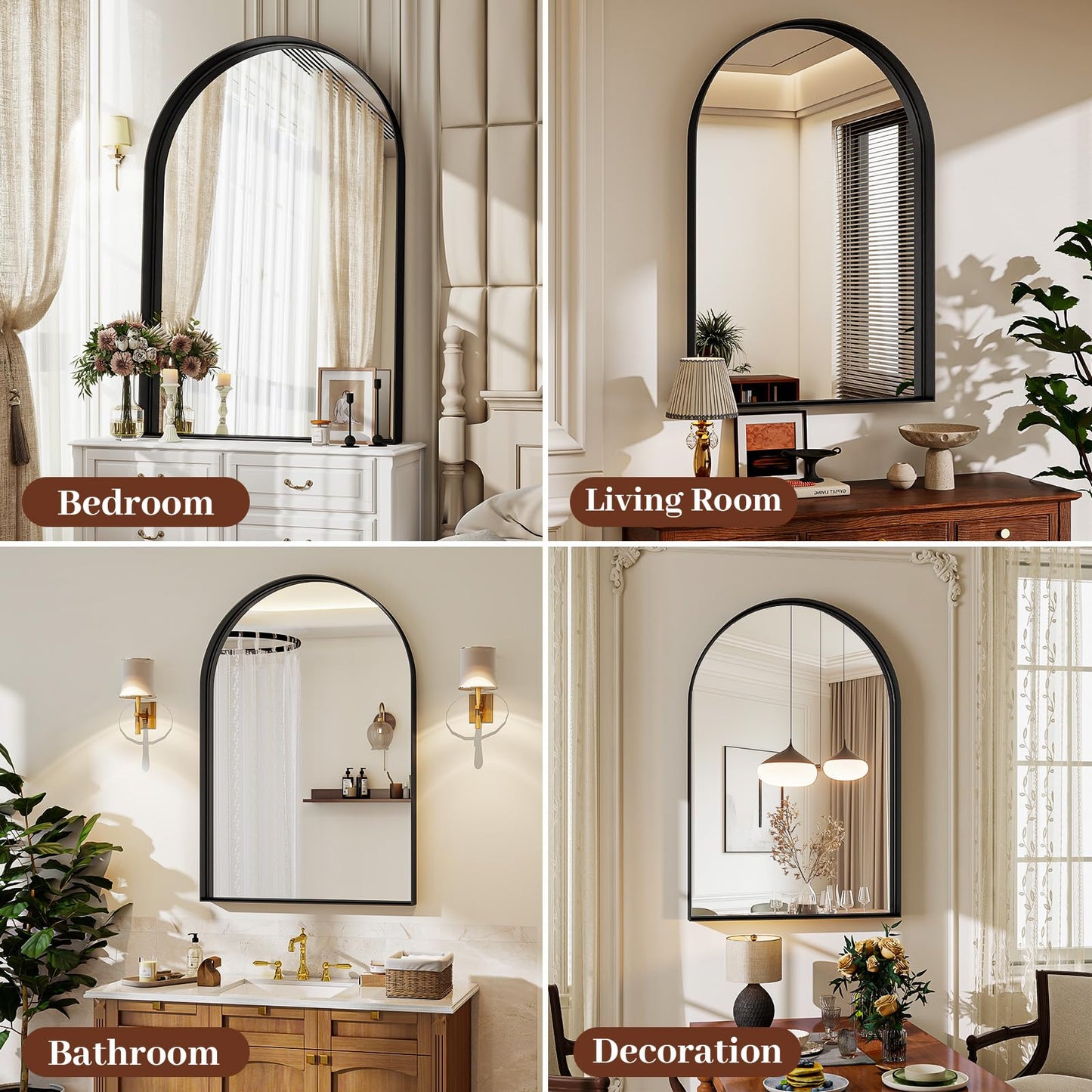 Riskioir 24" x 36" Luxury Arched Bathroom Mirror - Arch Wall Mirror with Shatterproof Tempered Glass and Metal Deep Frame, Hanging or Leaning for Living Room, Dresser, Entrance and Hallway, Black