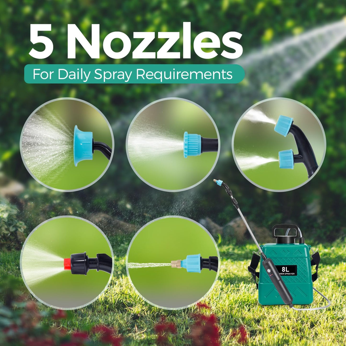 Garden Sprayer 2 Gallon,Battery Powered Sprayer with 5 Mist Nozzles,Telescopic Rod Electric Backpack Sprayers in Lawn & Garden