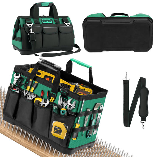 GRENPRO Tool Bag, 16 Inch Molded Bottom Toolbag, 18-Pocket Heavy Duty Portable Waterproof Toolbox, Soft Handle Tool Organizer for Mechanics, DIY, Valentines Day Gifts for Him Dad Men