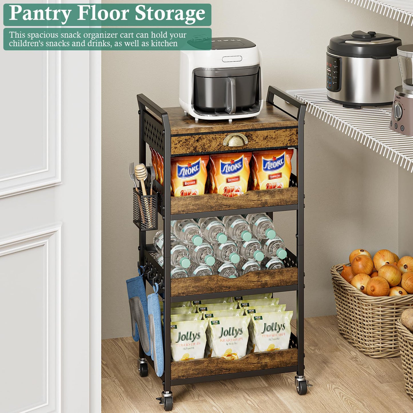 XYZLVSI 4 Tier Rolling Utility Cart Organizer with Removable Drawer, Small Coffee Stand Station with Wheels, Metal Craft Storage Cart for Living Room, Entryway, Bathroom, Office, Makeup