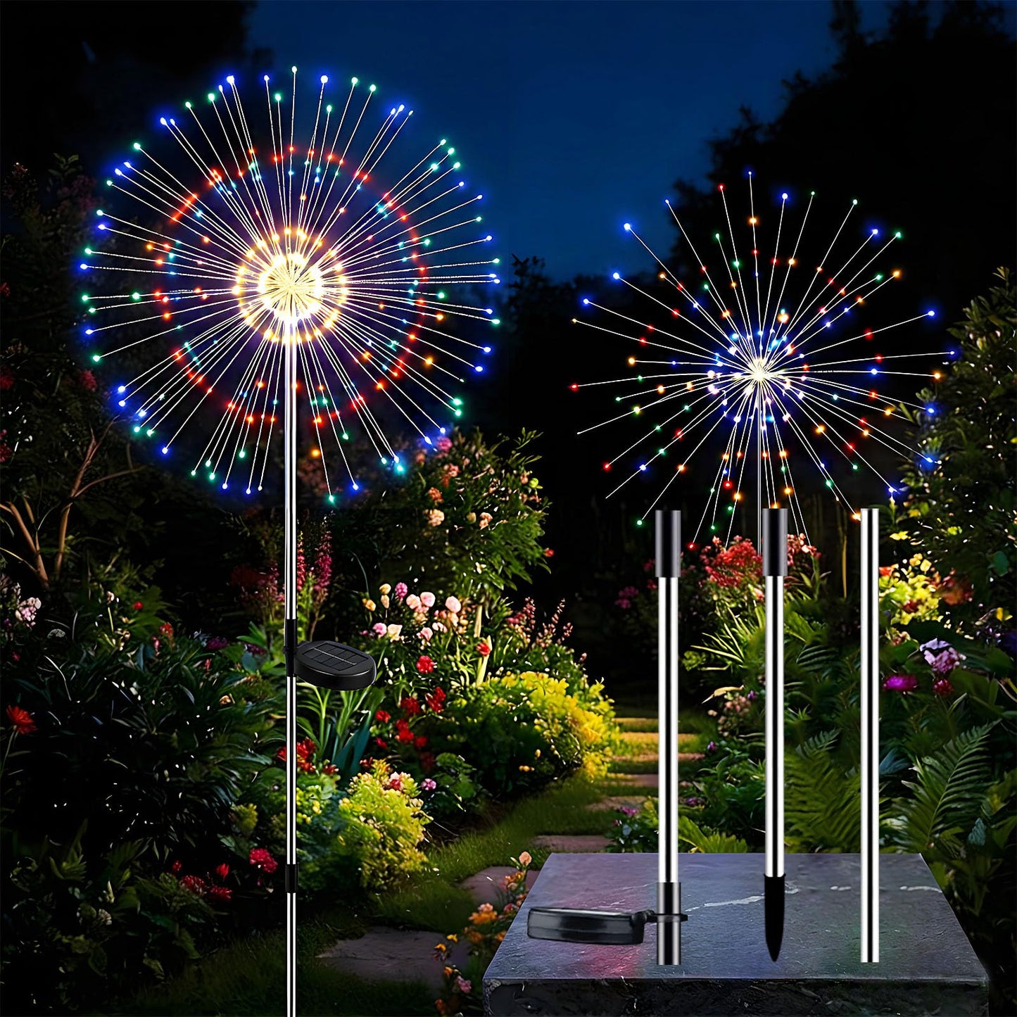 colcutee 2 Pack Solar Firework Lights Outdoor, Adjustable 32" to 51" Extra Tall, 200 LED Stainless Steel 3-Section Pole, 8 Modes Waterproof Starburst Garden Lights for Yard Pathway Walkway Decor