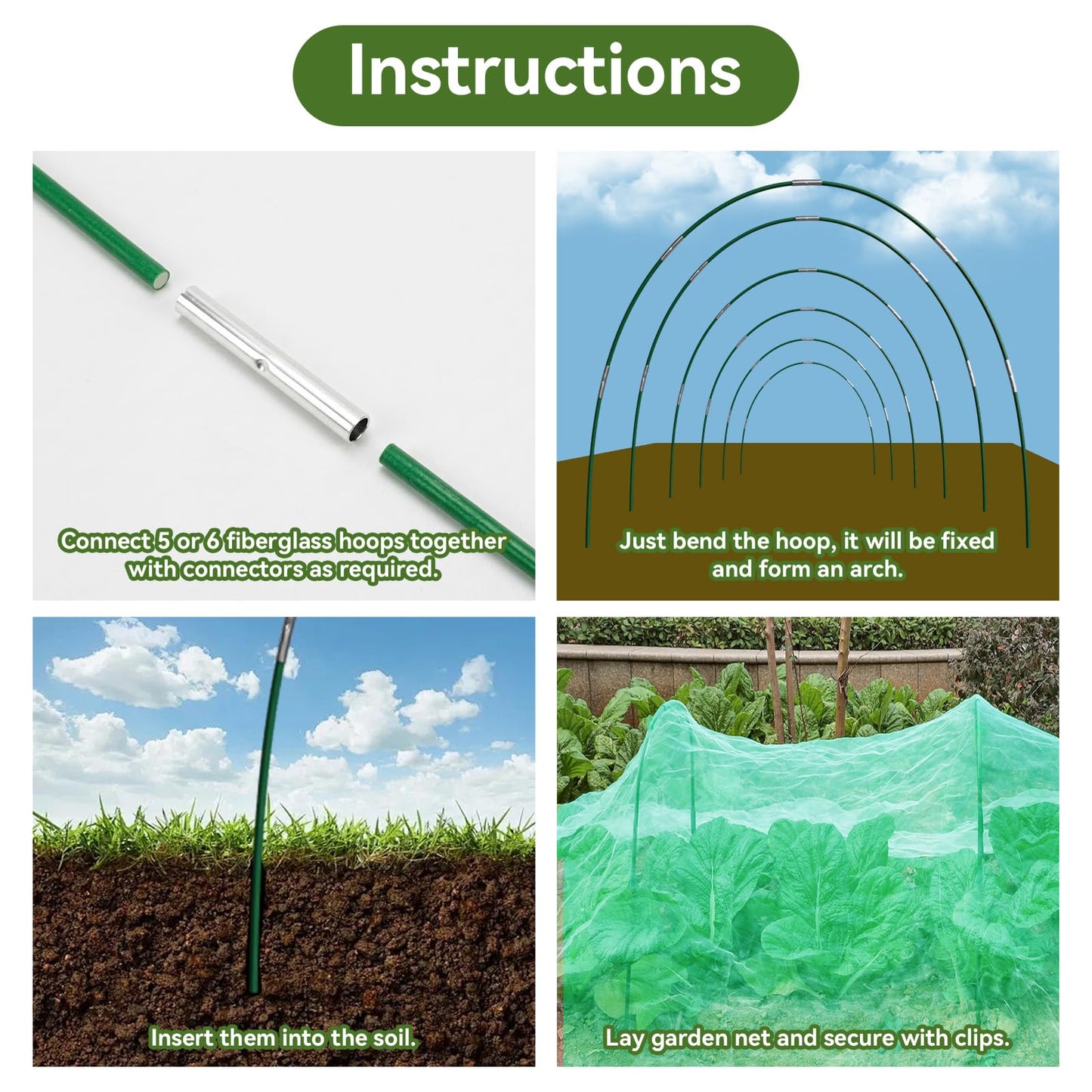 Garden Netting Kit for Raised Beds, 10x30FT Green Ultra Fine Mesh Netting ＆6 Sets of 8FT Garden Hoops, Insect Netting Row Cover Net Protect Plants Vegetable Fruits Flowers