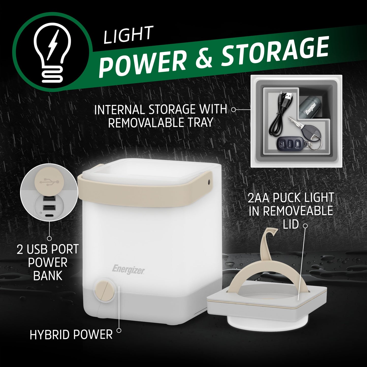 Energizer LightxPower Cube Camping Lantern, X1000 Lantern Dual Power Rechargeable and AA Battery, IPX4 Water Resistant