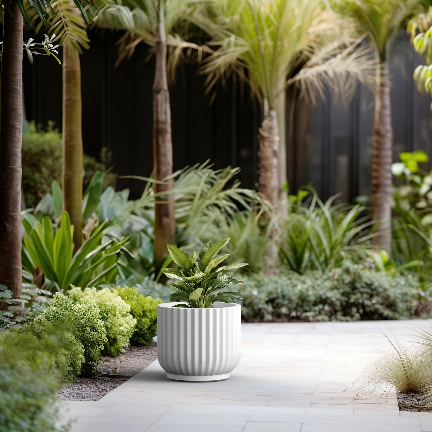 Kante Round Fulted Planter, 11 Inch Dia Large Concrete Plant Pots with Drainage Hole and Rubber Plug, Modern Decor for Indoor Outdoor Plants, Flower, White