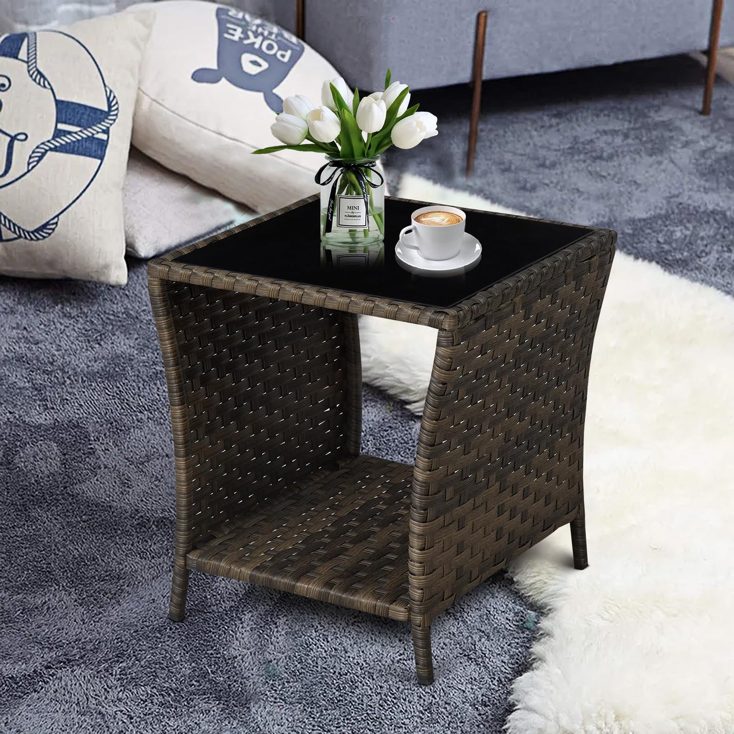 Elepude Outdoor Wicker Side Table Rattan Side Tables End Table for Patio with Glass Top Rattan Storage for Patio Garden Balcony