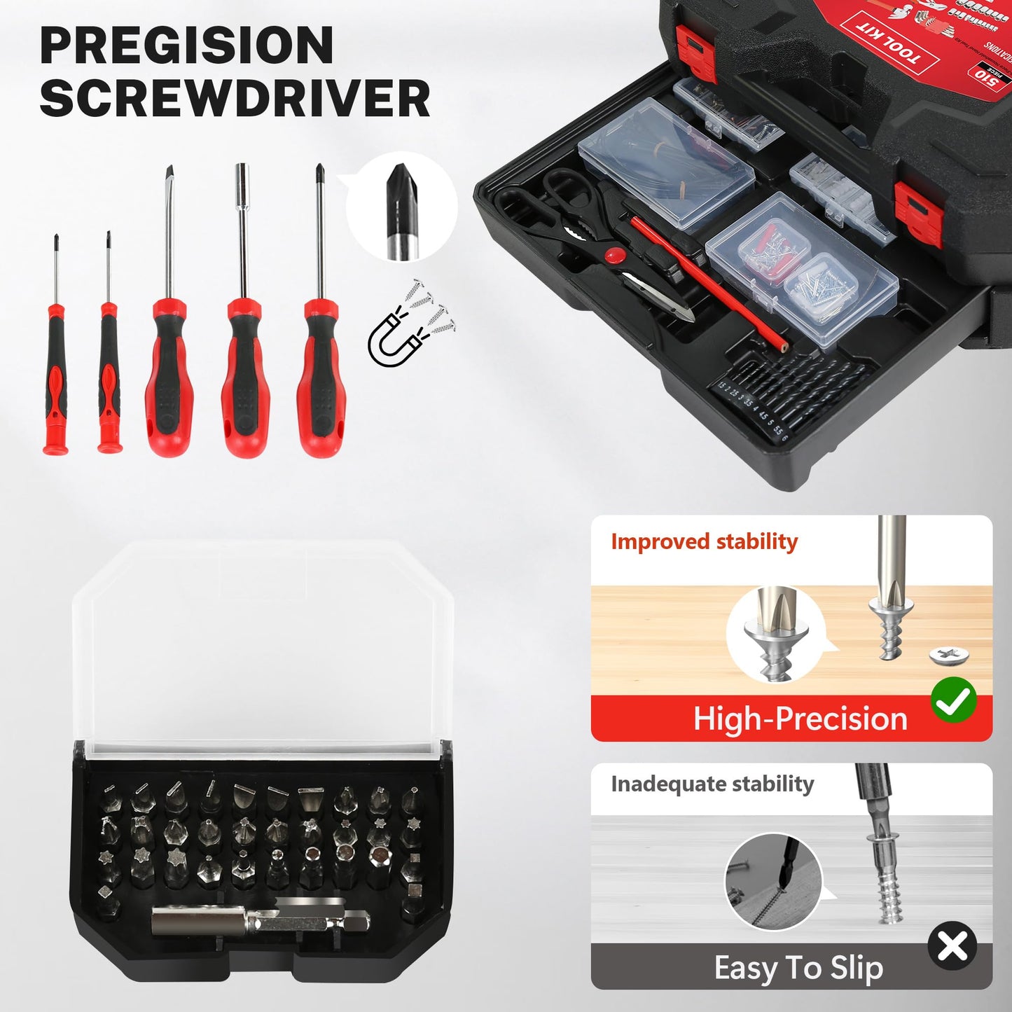 winturbor 500-Piece Home Repair Tool Set with Drawer Toolbox – Comprehensive Household & Auto Maintenance Kit for DIY Enthusiasts, Homeowner, Handyman (500 PCS Black+Red)