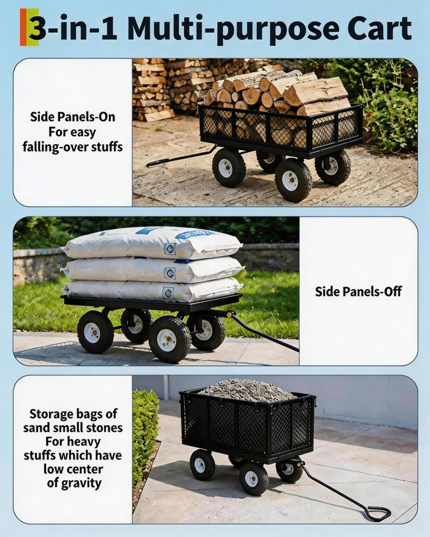GarveeTech 800LBS Heavy Duty Steel Garden Cart, Garden Wagon Cart on Wheels, Metal Yard Utility Wagon with Removable Mesh Sides, 10" All Terrain Tires, 180° Rotating Handle for Lawn, Garden, Farm