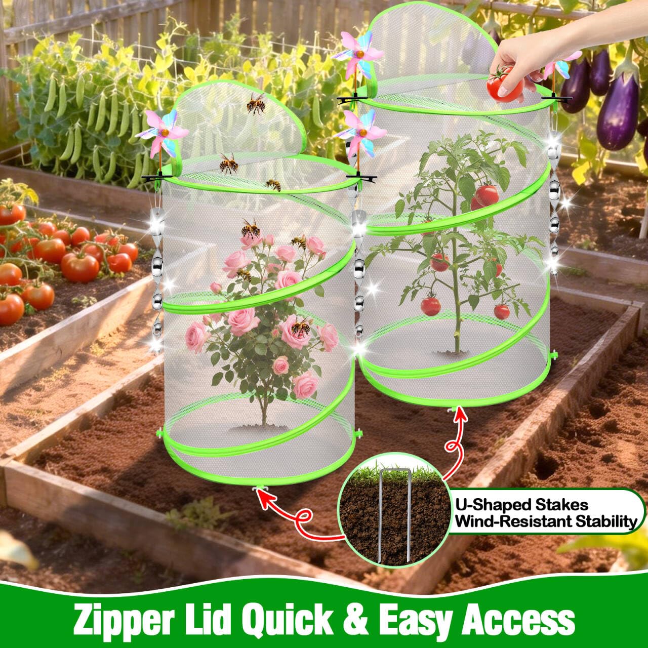 4 Pcs Insect Bird Barrier Netting Mesh with Bird Reflective Devices, Outdoor Garden Protection Cover, Plant Covers, Garden Netting Plant Cover, Protect Plant Fruits Flower from Insect Bird Eating
