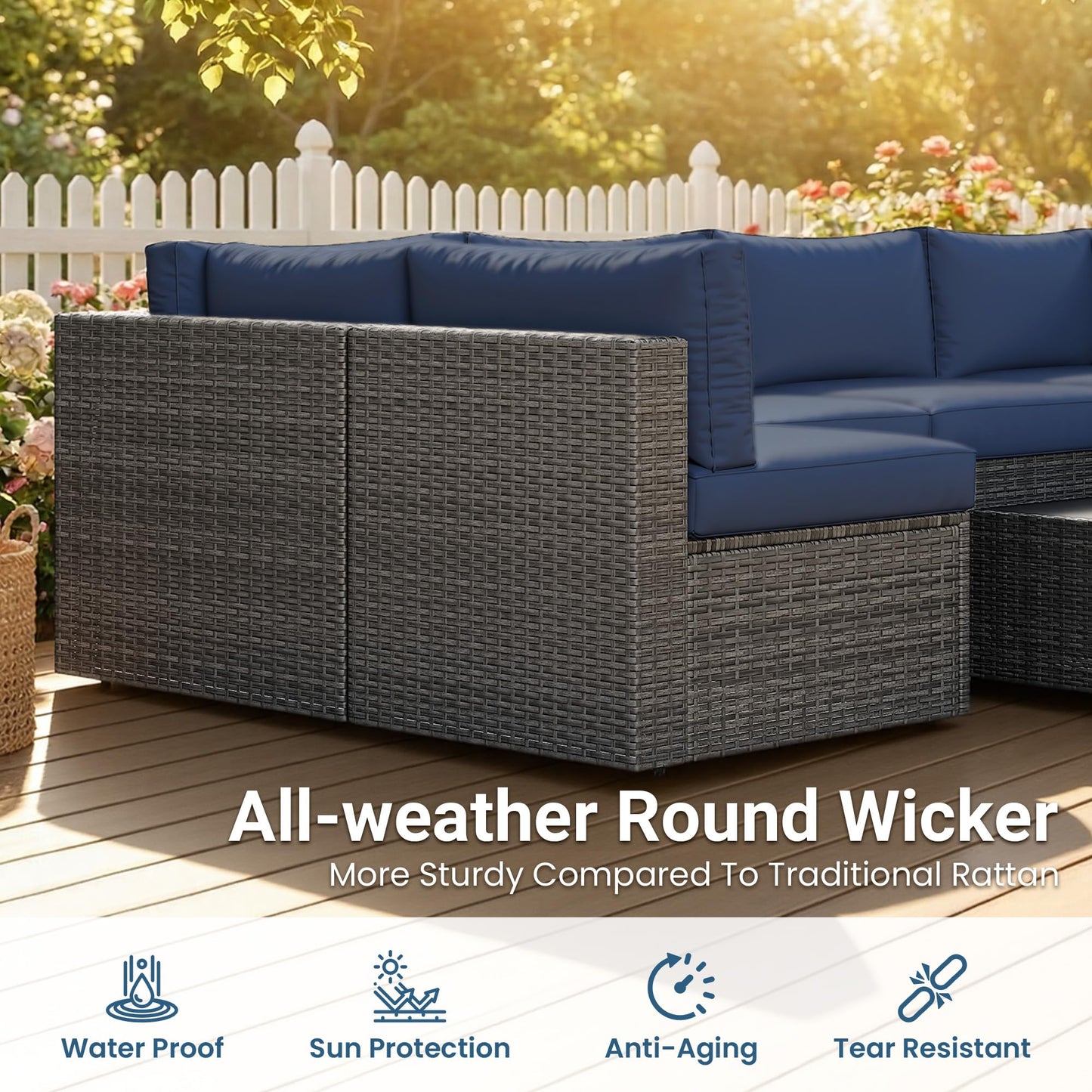 Wisteria Lane 7 Pieces Outdoor Patio Furniture Set, Wicker Outdoor Patio Sectional Sofas with Coffee Table, All-Weather Patio Conversation Set for Backyard Garden, Navy Blue