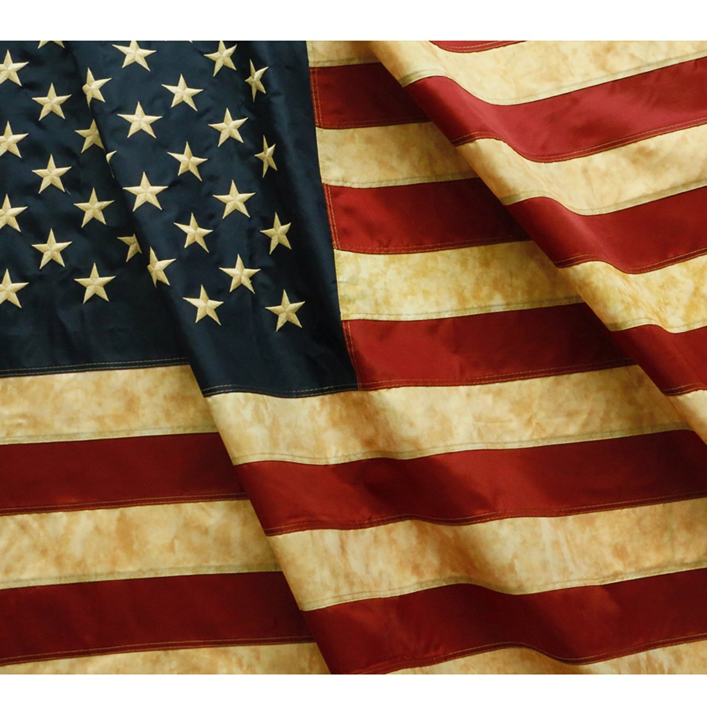 ANLEY Vintage Style Tea Stained American Flag 3x5 Foot - Embroidered Stars and Sewn Stripes - 4 Rows of Lock Stitching - Antiqued US National Banner Flags with Brass Grommets 3 X 5 Ft