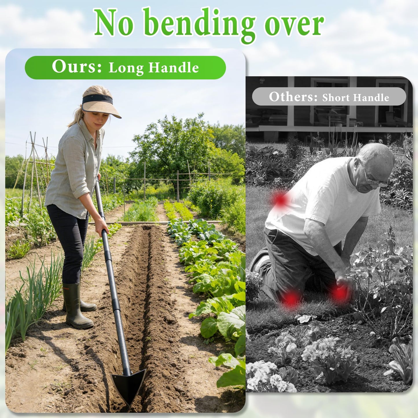 CALCHELE Garden Hoe, Heavy Duty Trenching Hoes with Adjustable Long Handle 30-72 Inch, Sharp Edge Triangle Weeding Hoe Garden Tools for Weeds Removal,Cultivating,Digging,Loosen Soil, Trenching