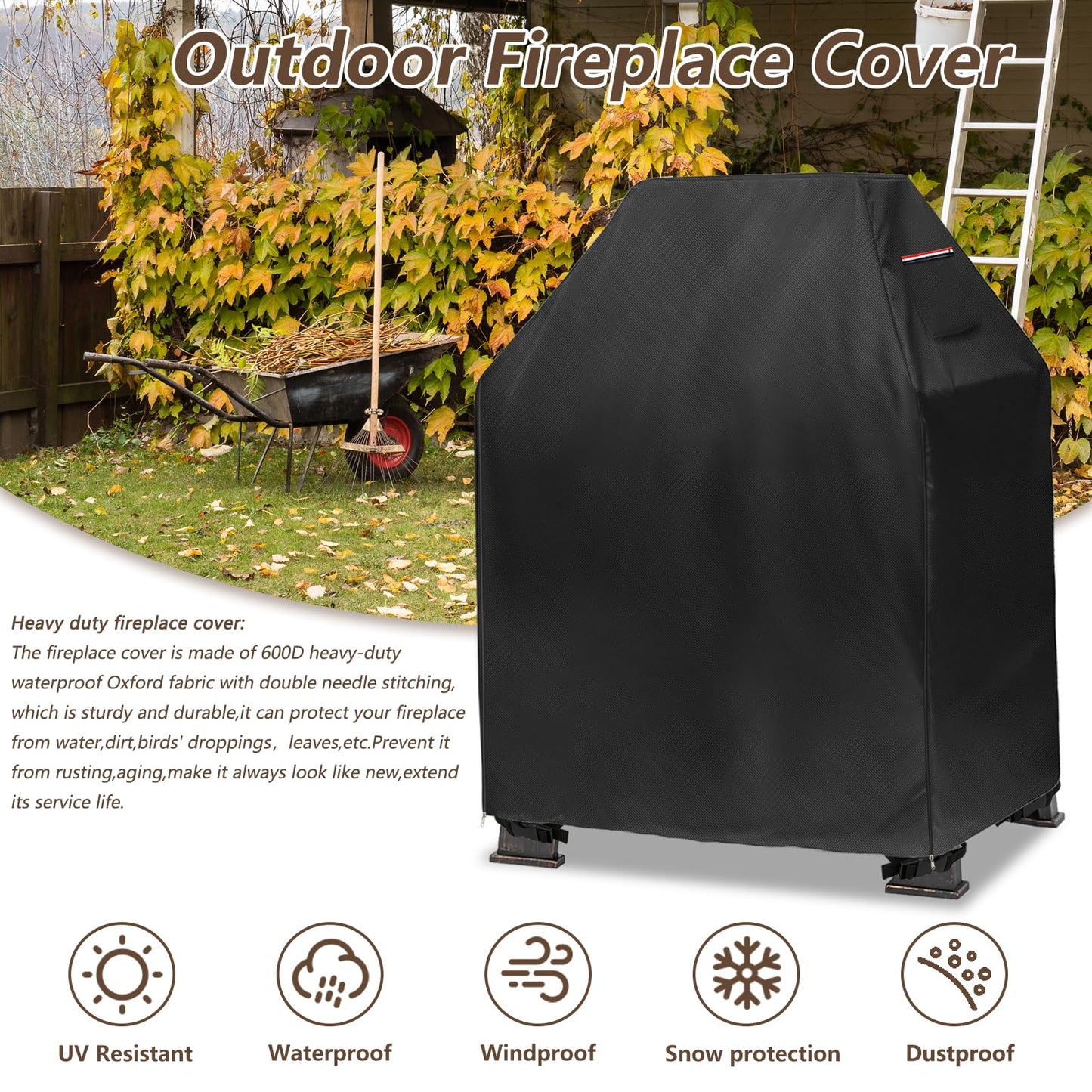 Outdoor Fireplace Cover,Heavy Duty 600D Waterproof Square Chimineas Fireplace Covers,Cover for Panovue Chiminea Fire Pit,32" L x 24" W x 45" H,Black