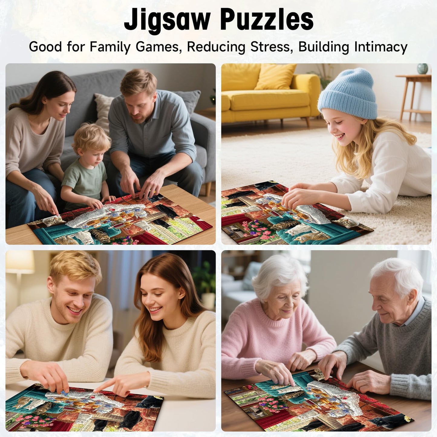 Cat Afternoon Tea Puzzles for Adults 1000 Pieces, Vintage Cat Jigsaw Puzzle with Letters on Back, 28x20 Inch Wall Art, Hard Challenging Family Game, Easter