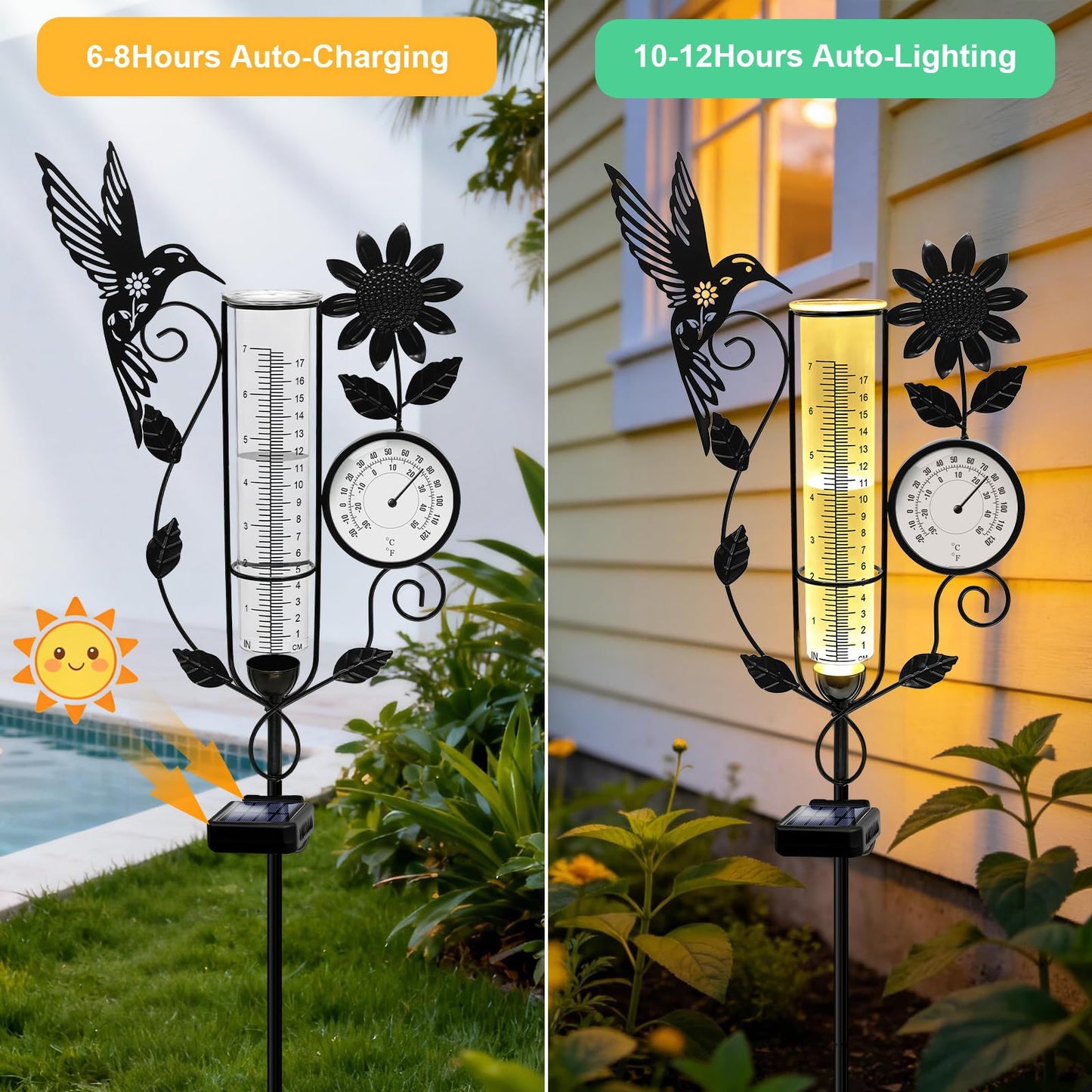 YJFWAL Hummingbird Rain Gauge Outdoor, Decorative Metal Sunflower Solar Rain Gauge with LED Light and Thermometer, Garden Decor for Yard, Lawn, Pathway, Farm