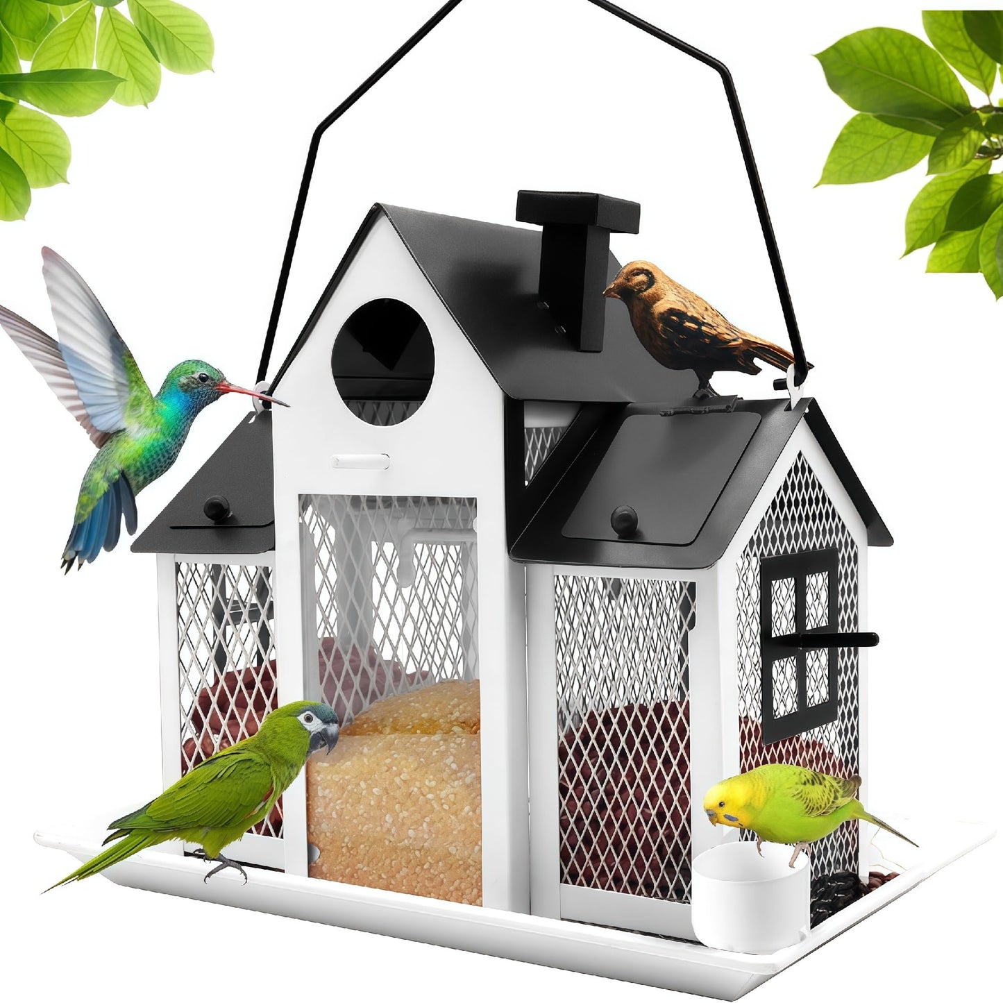 Solar Bird Feeders House for Outside Hanging, Metal Wild Bird Feeder for Outdoors Large Capacity Cardinal Birdfeeder Birdhouses Metal Bird Feeding Station White
