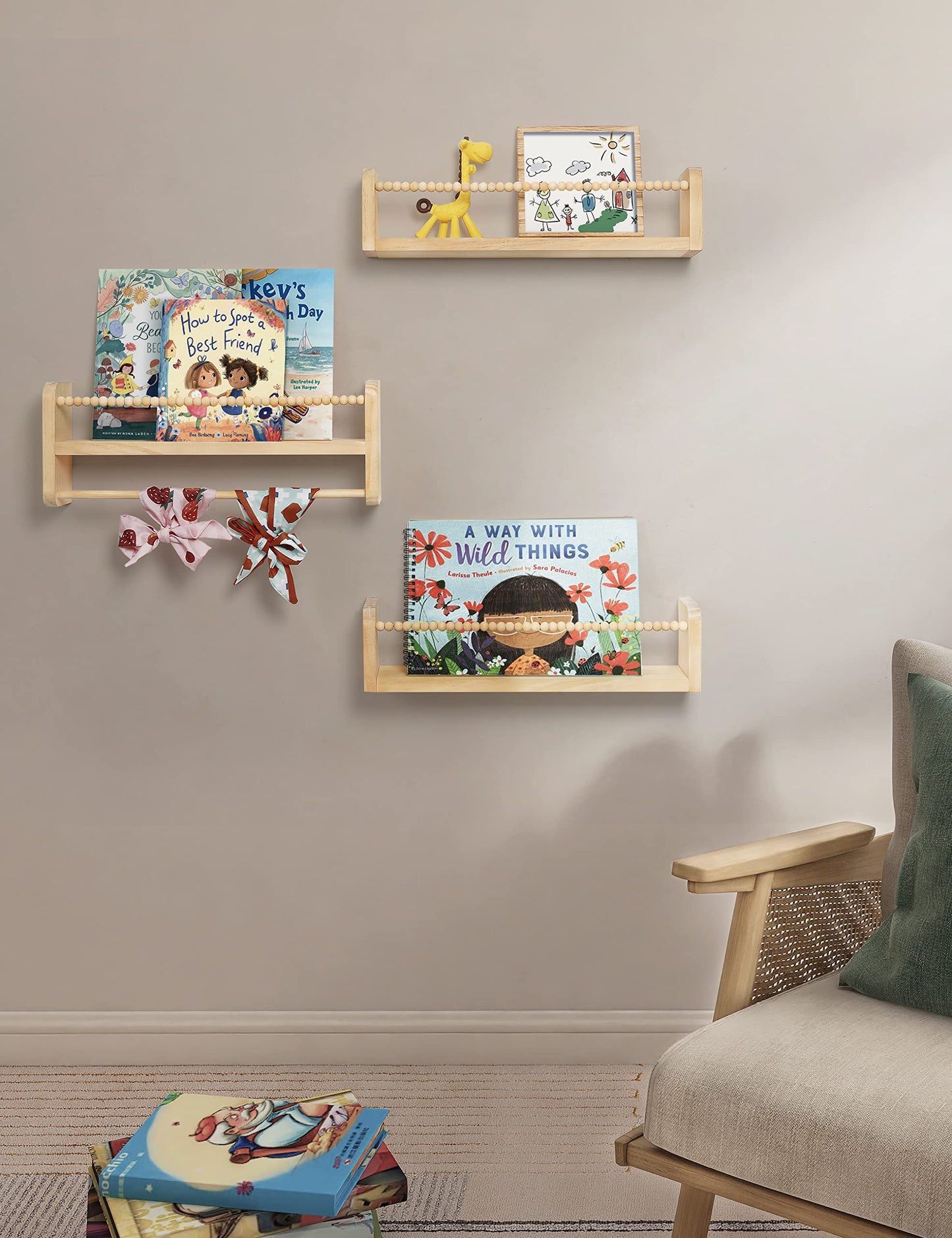 Maxpeuvon Nursery Floating Shelves for Wall, Set of 3 Book Shelves Natural Wood Wall Mounted Organizer with Towel Bar Hanging Bookshelves Nursery Decor for Kids Room, Bedroom and Kitchen