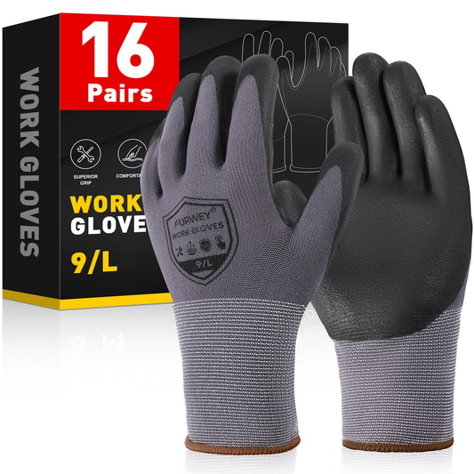 FURWEY Safety Work Gloves,16 Pairs Micro-Foam Nitrile Coated Glove for Men and Women, Touchscreen, Ideal for Warehouse Package Handling，Construction, Gardening, Medium