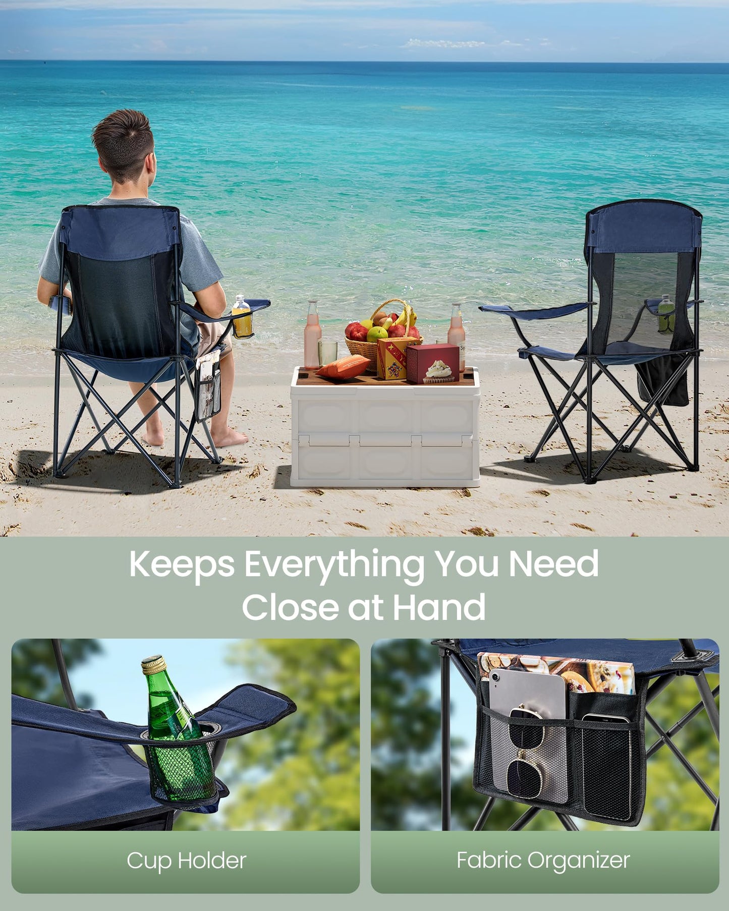 SONGMICS Breathable Camping Chairs, Foldable Outdoor Chairs Set of 2, High Back, Adjustable Armrests, Drink Holder, Weight Capacity 330 lb, for Sports Garden Backyard, Harbor Blue UGCB028Q01