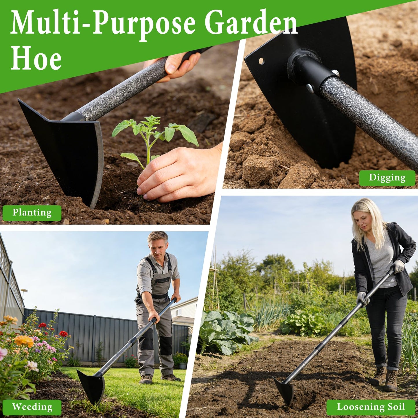 CALCHELE Garden Hoe, Heavy Duty Trenching Hoes with Adjustable Long Handle 30-72 Inch, Sharp Edge Triangle Weeding Hoe Garden Tools for Weeds Removal,Cultivating,Digging,Loosen Soil, Trenching