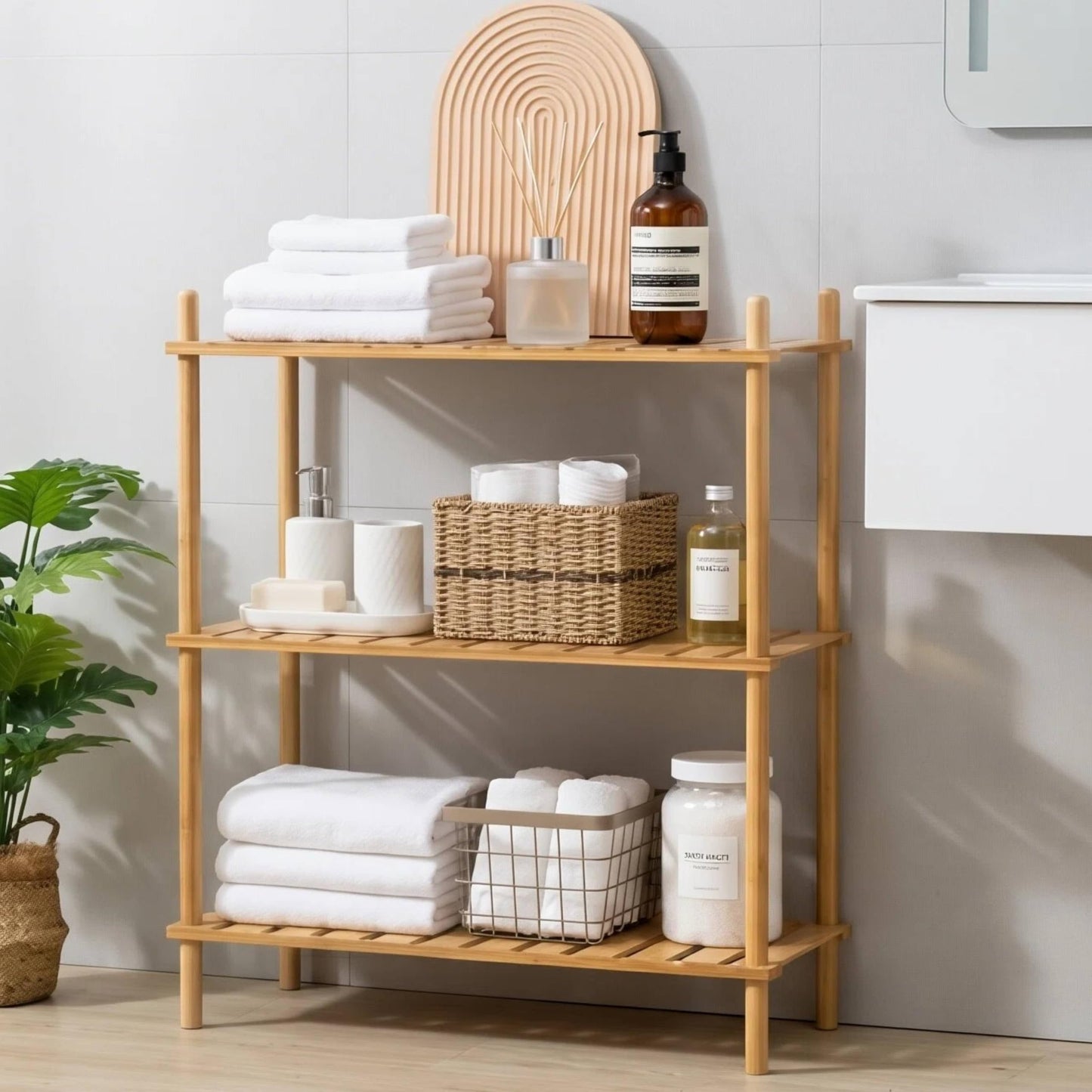 GOGOGO 3-Tier Expandable Bamboo Bookshelf - 150LBS Heavy-Duty, Tool-Free Assembly, Multifunctional Storage for Bathroom/Kitchen/Office Holder Plant Flower Stand (Natural, 3-Tier 12.8" D)