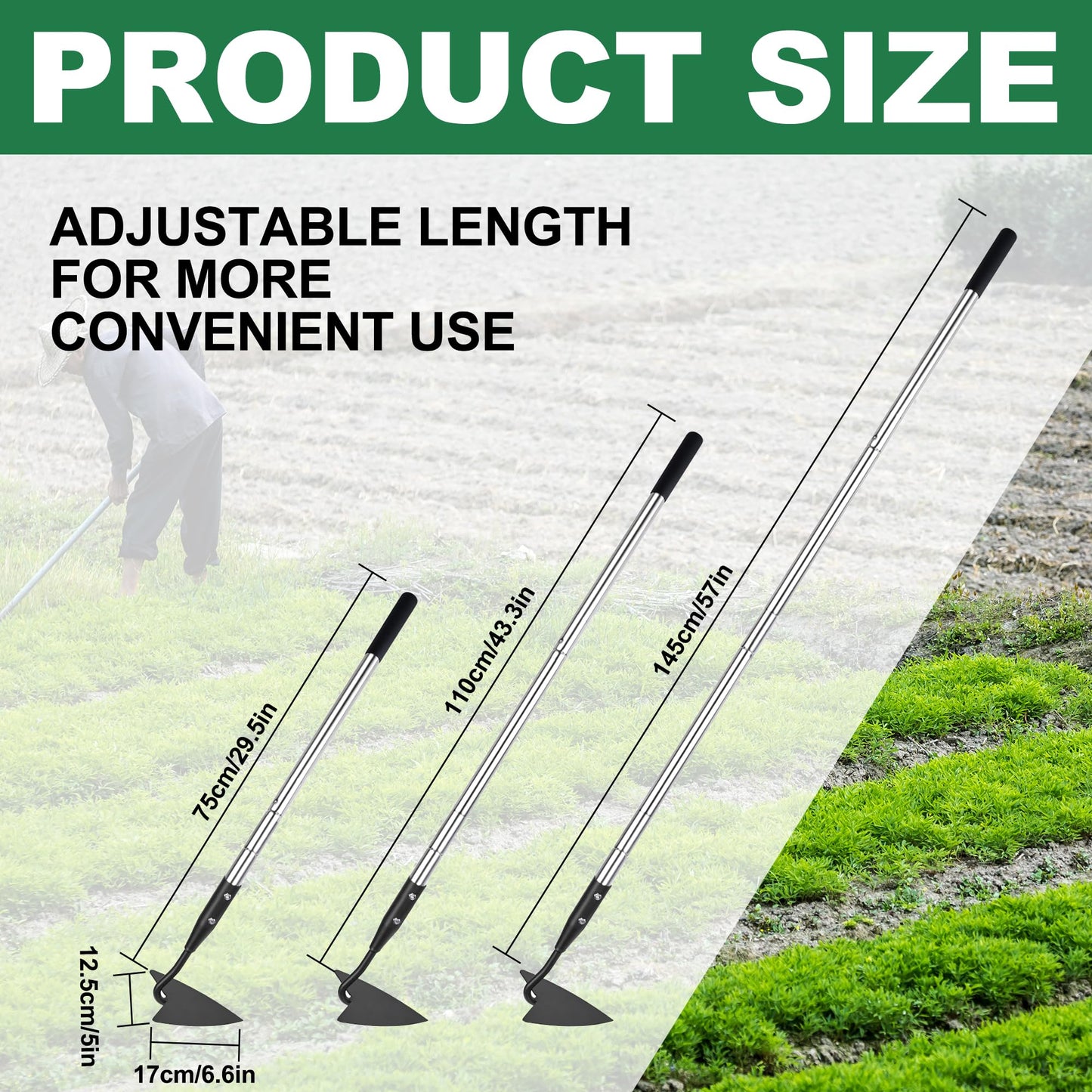YEELOR Warren Hoe, Carbon Steel Triangle Garden Hoe with Stainless Steel 57" Adjustable Long Handle, Heavy Duty Gardening Hand Tools Hoe for Ridging Weeding Digging Loosening Edging Soil, Balck