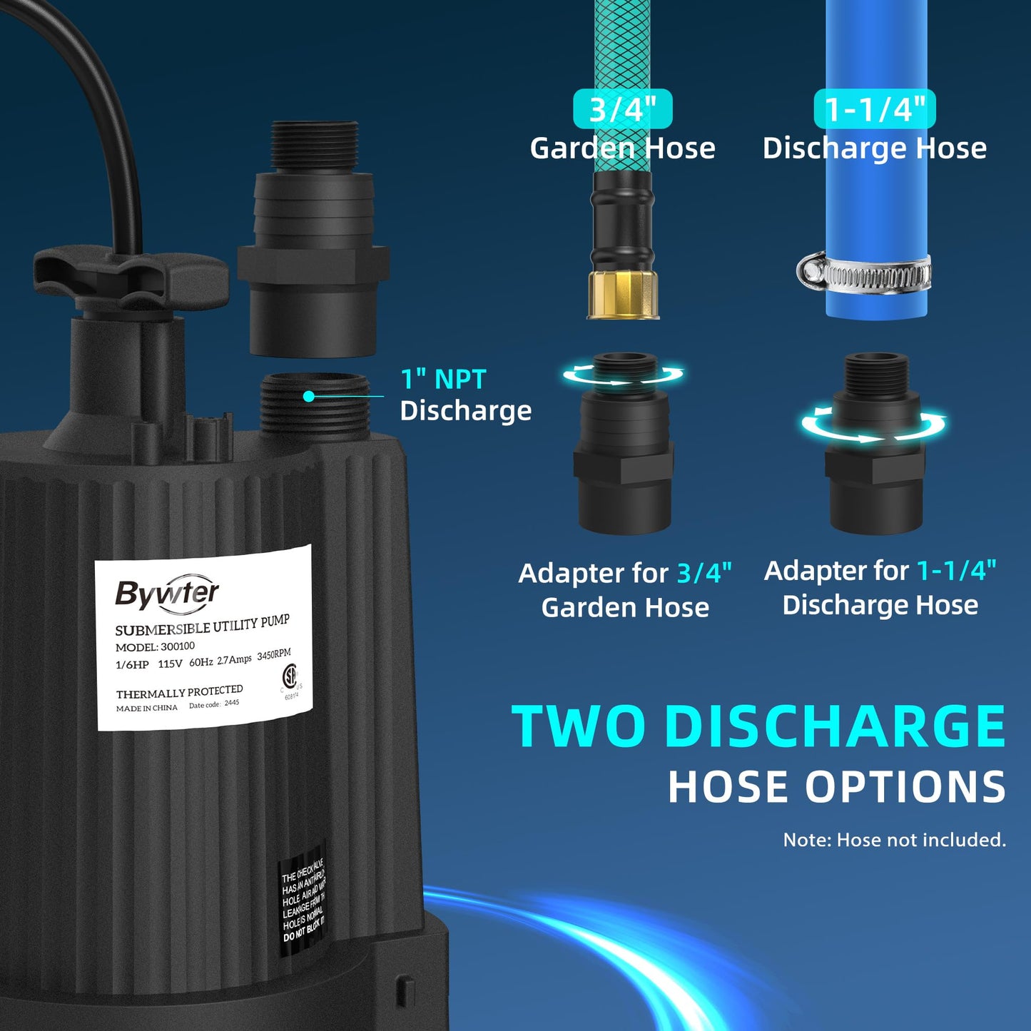 Bywter 1/6 HP Submersible Water Pump, 1500 GPH Sump Pump with Thermoplastic Housing, 115V Portable Electric Water Pump with 10 Ft Cord for Basement, Yard, Boats and Pool Covers