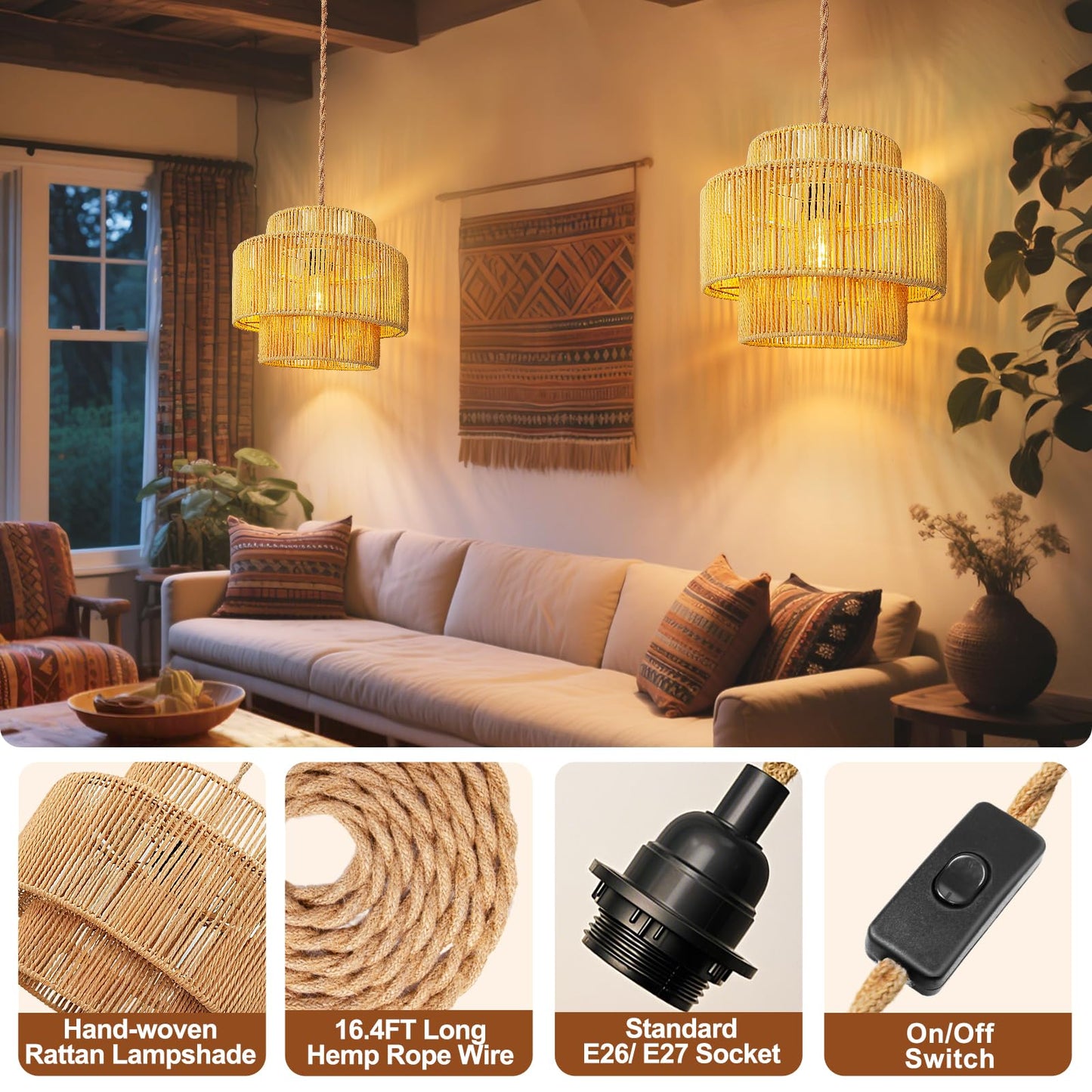 Maliralt Hanging Lamps Rattan Pendant Light - 16.4ft Plug in Cord Hanging Light Fixture Plug Into Wall Outlet Pendant Lighting with On Off Switch for Bedroom Living (Lantern Shade)