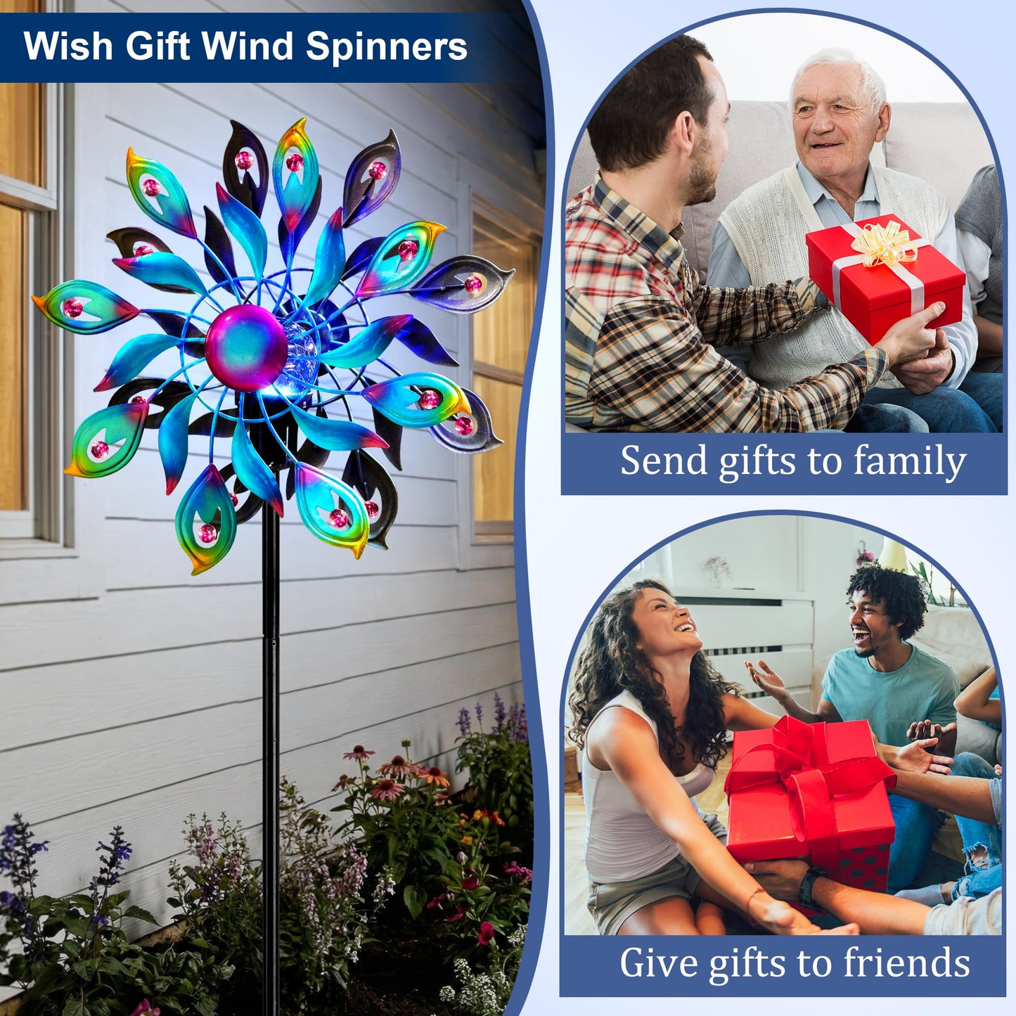 360°Peacock Solar Wind Spinner with Lights Blue Metal Garden Outdoor Decor Yard Lawn Art Decor for Patio Kinetic Windmills Unique Gifts for Friends and Family 51.9' H x 12.2'' Dia