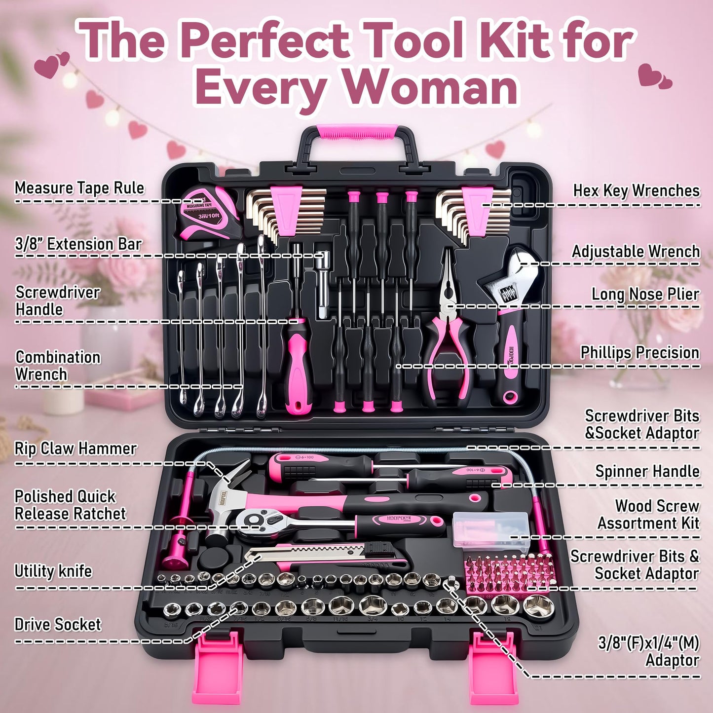 KOOPOOL 159 Piece Pink Tool Set, Tool Kit for Women, General Household pink tool kit for Home Auto Repair, Basic Mechanic Tool Box, with Storage Case