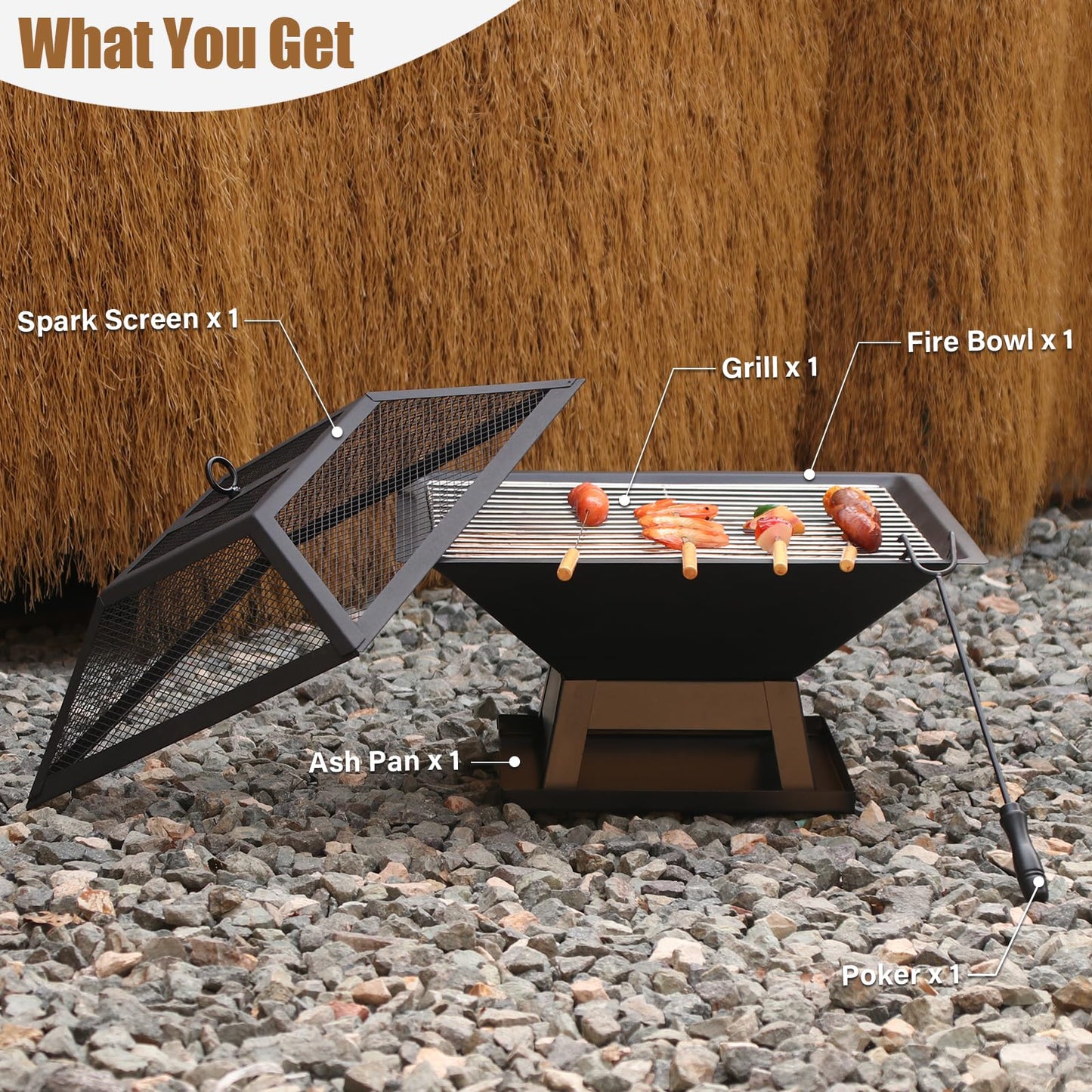 Quilushey 19.8inch Portable Small Fire Pit with a Removable Ash Pan, Fire Poker, Mesh Lid, 2 in 1 Square Outdoor Fireplace for BBQ, Outside Heating, Bonfire Party, Camping, Backyard, Patio, RV Trip