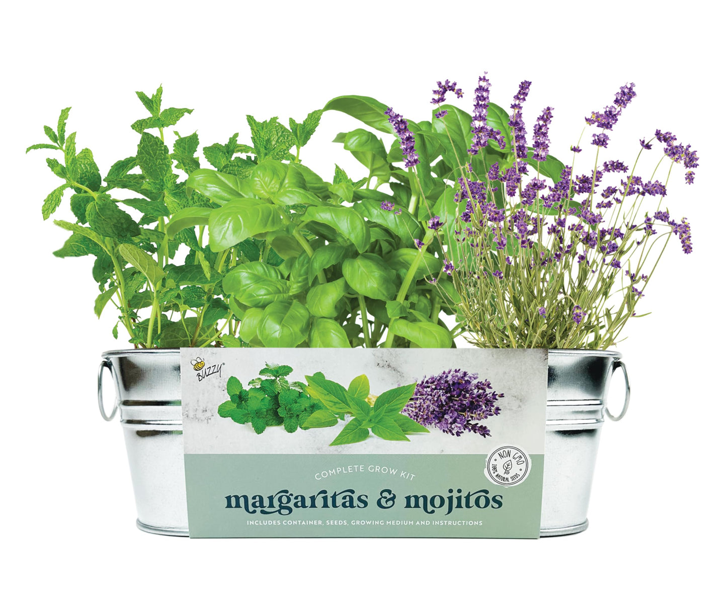 BUZZY Seeds Margarita and Mojito Windowsill Mini Garden Grow Kit, Herb Starter Set with Mint, Lime Basil and Lavender Seeds, Grow Your Own Herbs Indoors, Gardening Gift, Holiday Present