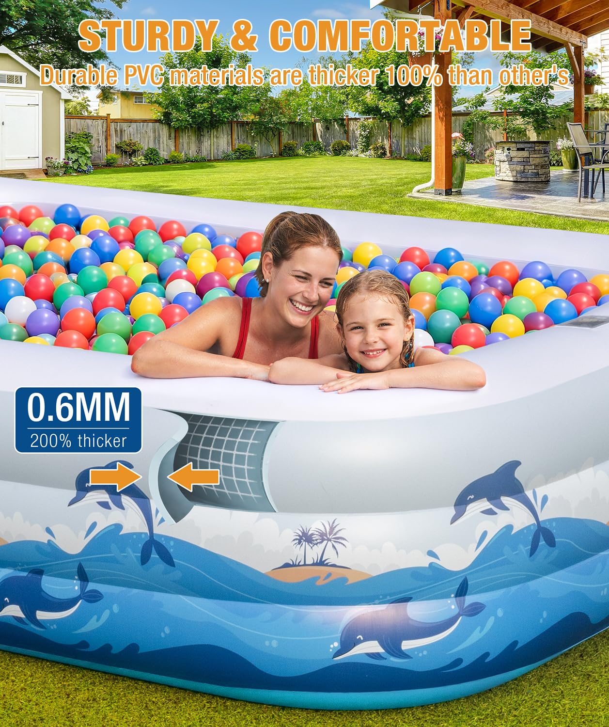 Extra Large Inflatable Pool with Lights - 145" x 74" x 22" Swimming Pool for Adults with Solar Powered, Blow Up Pool for Backyard (Air Pump Not Included)