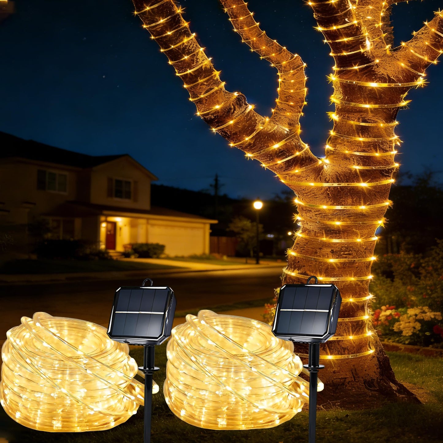 BANBANJO Solar Roep Lights for Outside, 2 Packs Total 66ft 200 LED Solar String Light with 8 Modes, Waterproof Solar Outdoor Light for Patio Garden Party Tree Proch Pool Holiday Xmas Decor-Warm White