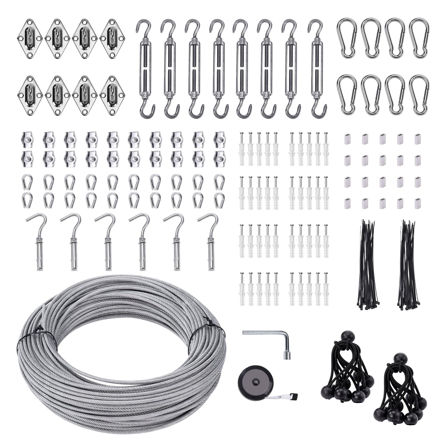 Unicaravan Shade Sail Hardware Kit 6 inch with 131FT 1/8" Wire Rope Kit for Triangle Rectangle Sun Shade Sail Outdoor Installation turnbuckles for Cables Wire for Outdoor,Garden,Kitchen,Craft,243PCS