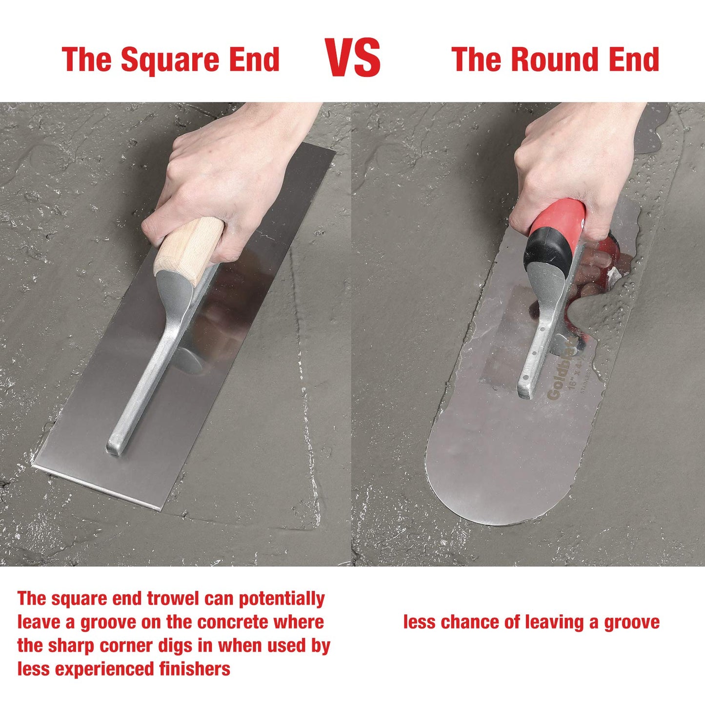 Goldblatt 2 Pieces Pool Trowel Stainless Steel with Soft Grip Handle, Includes 16'' x 4-1/2'' & 14'' x 4'' Finishing Trowels Set, Lightweight Alloy Mounting, Round End