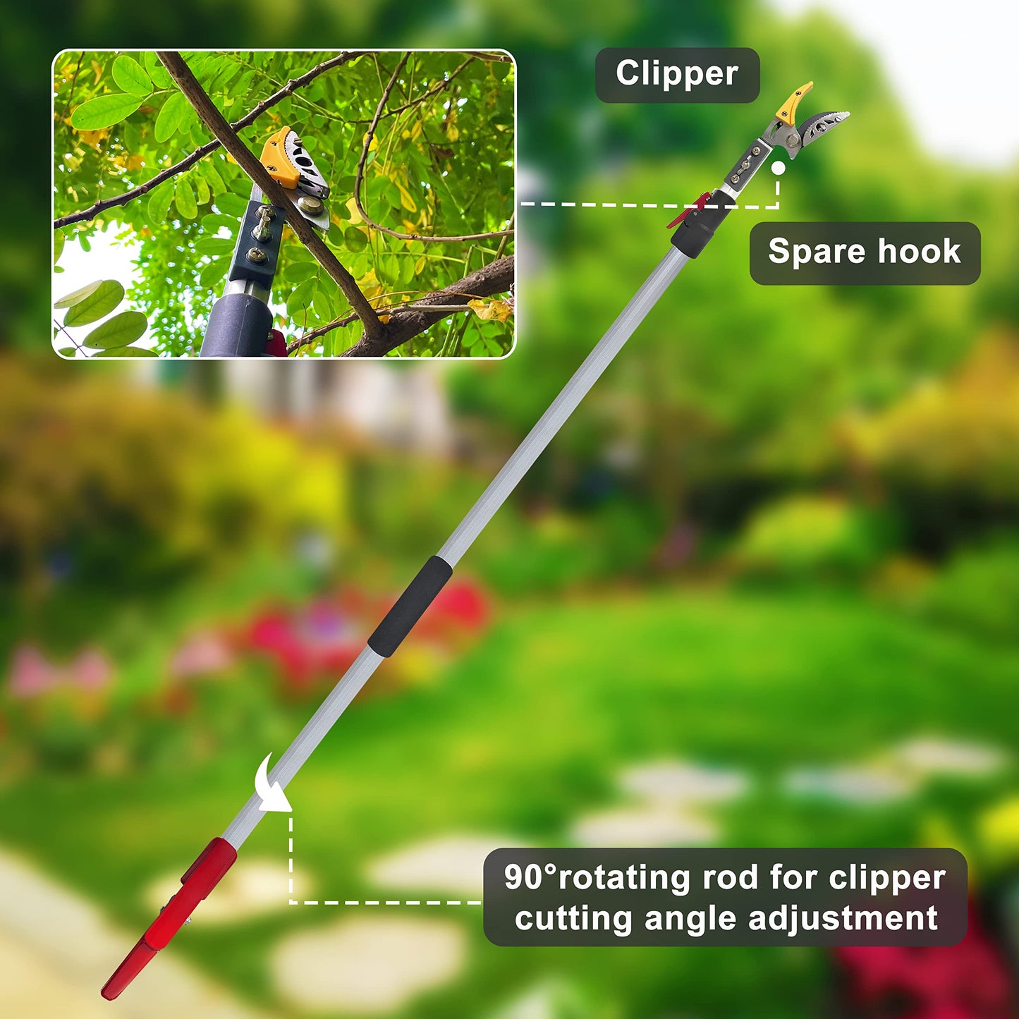 Prunrt Telescopic Tree Trimmer 5.8-10 FT with 2 Section, 4 Node Adjustable, Cut and Hold Pruner, Pole Saw Extendable, Long Handle Fruit Picker, Branch Cutter, Loppers, Clippers With Hook