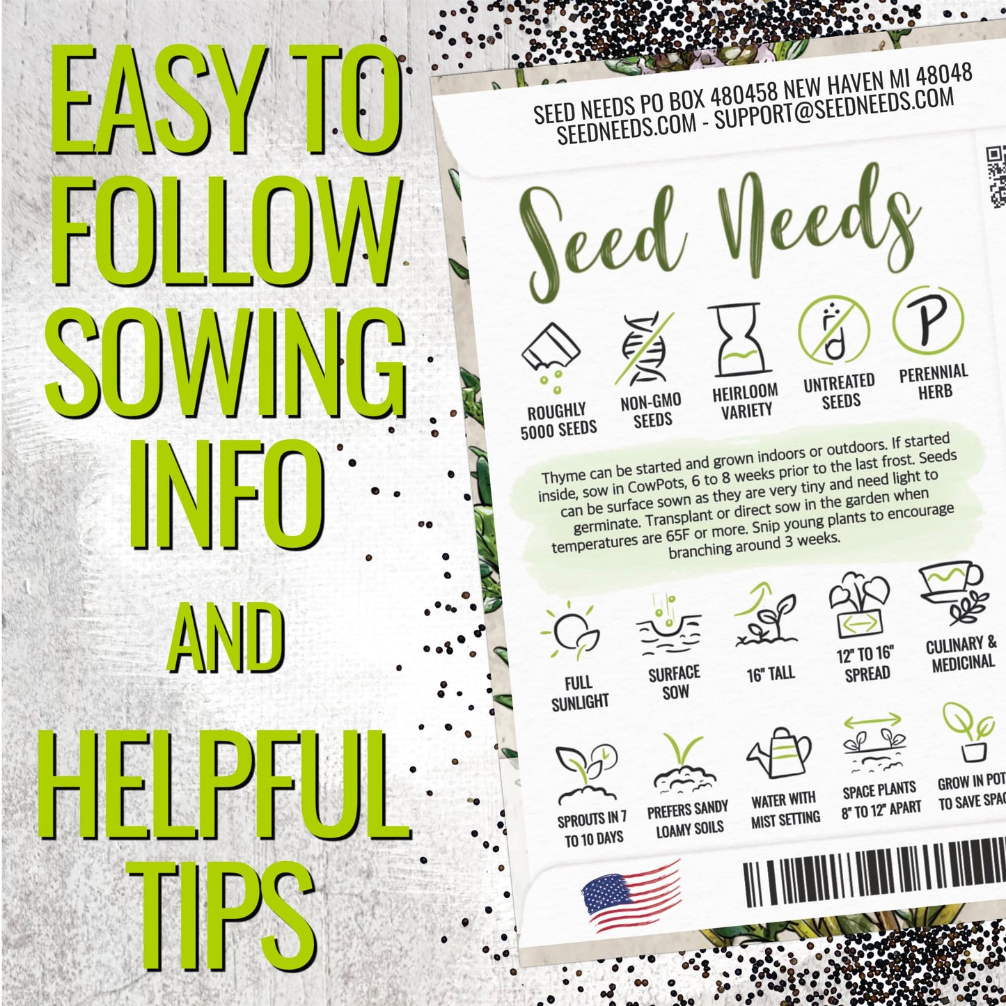 Seed Needs Thyme Seeds for Planting - Non-GMO Heirloom & Untreated Perennial Herb Seed to Plant a Culinary Kitchen Garden Indoors or Outdoors (XL Pack)