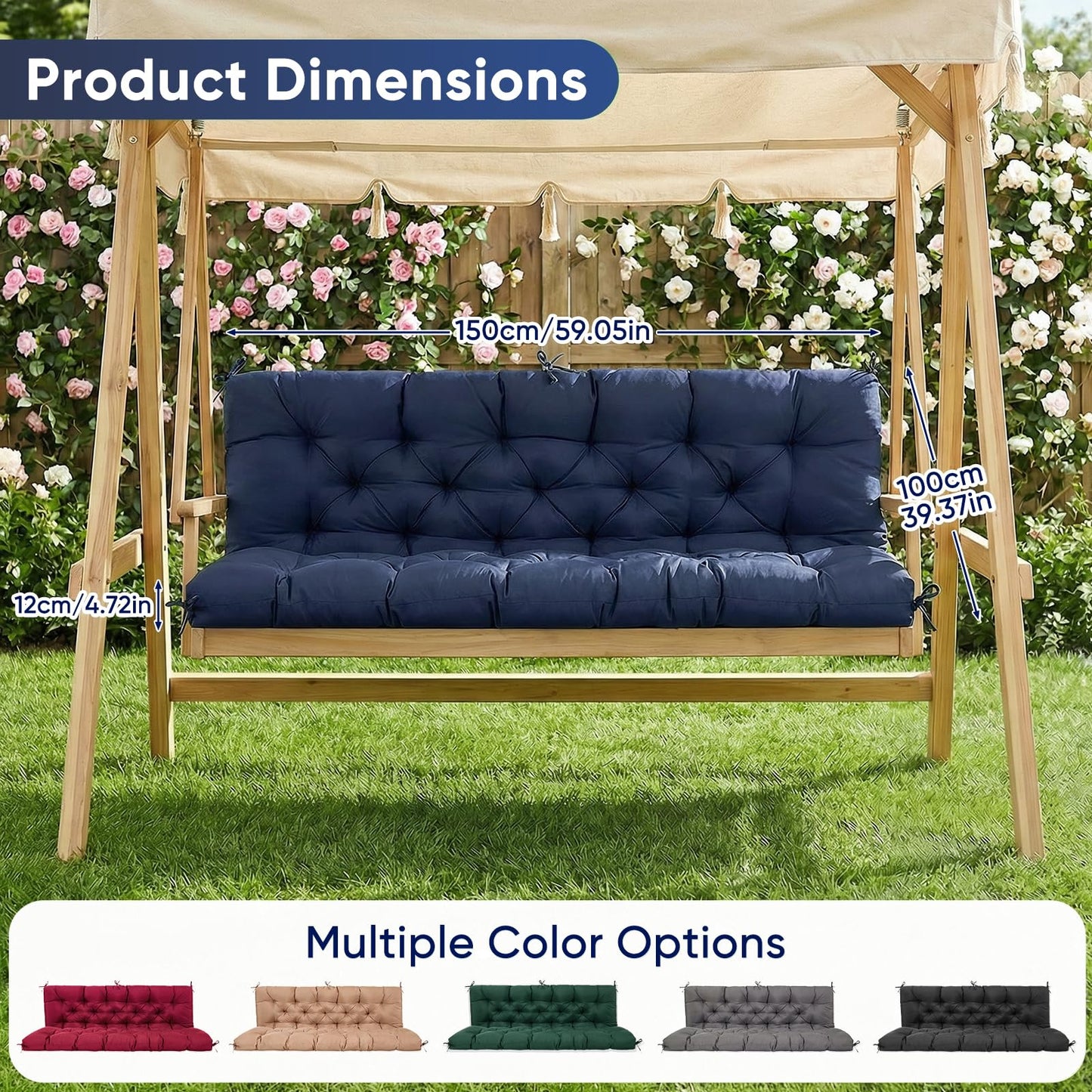 Porch Swing Cushions 60 Inch Waterproof,2 3-Seater Replacement for Outdoor Furniture with Backrest and Straps, Thick 4" Swing Seat Bench Cushion for Loveseat Glider Bench Patio Lawn Backyard