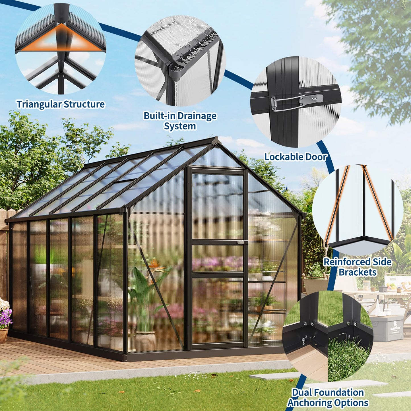 Garvee Greenhouse, 6×10FT Greenhouses for Outside, Walk-in Green House with Ground Nails and Vent Windows, Sliding Lockable Door, Polycarbonate Green House for Outside Garden Backyard, Quick Setup