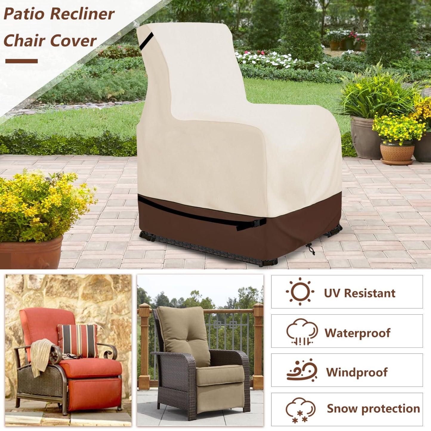 Youkaver Outdoor Recliner Chair Covers,Patio Swivel Chair Covers,600D Heavy Duty Waterproof Patio Rocking Chairs Cover,Outdoor Furniture Covers for All Weather Protection.Beige & Brown
