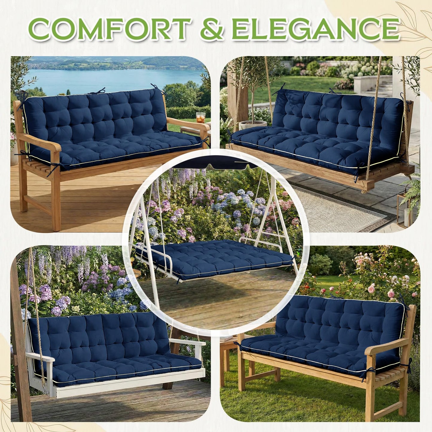 AS AWESLING 60×40 INCH Oxford Fabric Swing Cushions with Backrest & Tie Straps - Crushed Sponge Filled for Outdoor Patio Bench, 2-3 Seater Replacement for Swing Chair (Blue, 60 INCH × 40 INCH)
