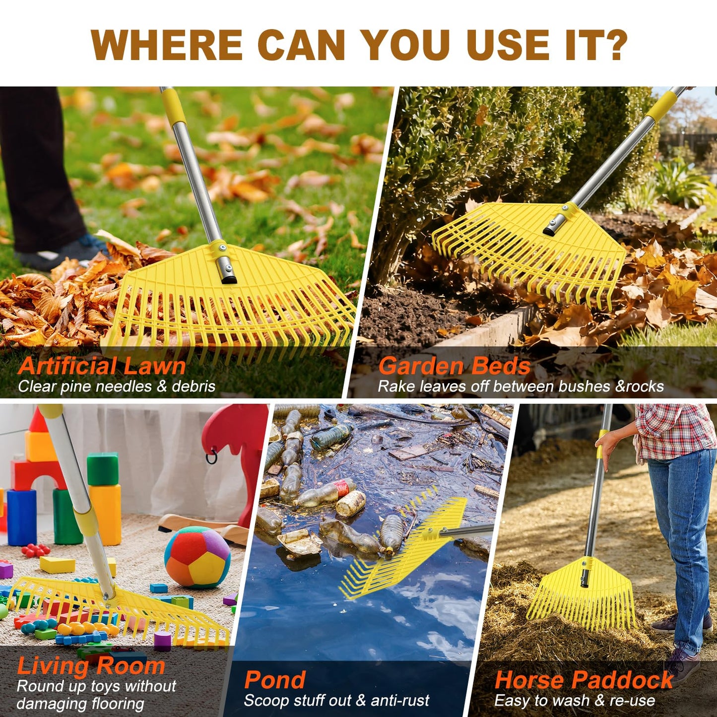 Leaf Rake - 16.5" Wide Nylon Plastic Head,65" Adjustable Handle,Heavy Duty for Leaves,Grass,Pine Needle,Mulch, Small Debris,Lawn-Friendly Tines,Lightweight for Women,Seniors & Kids