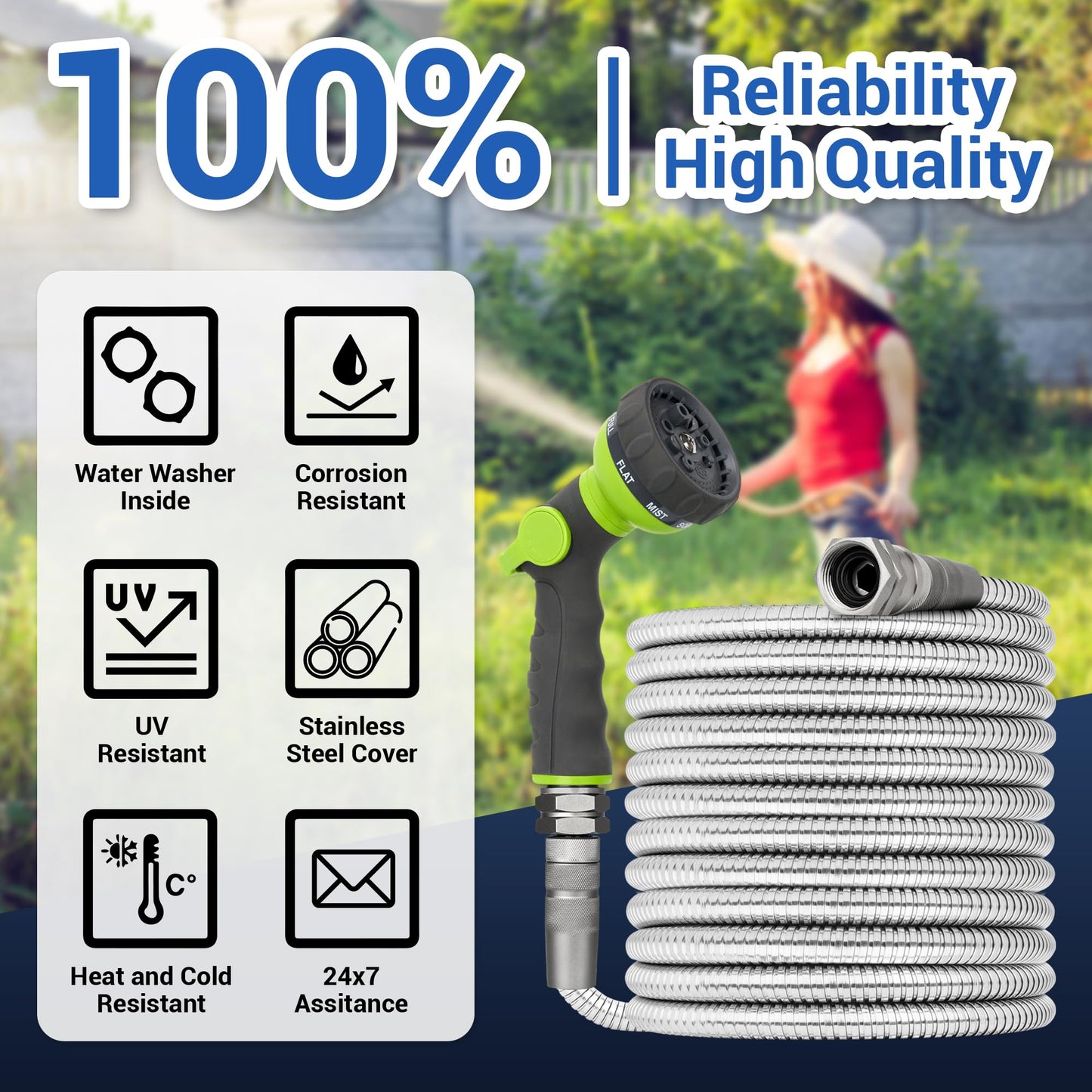 75 FT Stainless Steel Garden Hose – Heavy Duty 304 Metal Hose, 500+ PSI Burst Strength, No-Kink, Dog Bite & Puncture Resistant, Swivel-End Fittings, 8-Mode Nozzle for Large Gardens, Outdoor Use