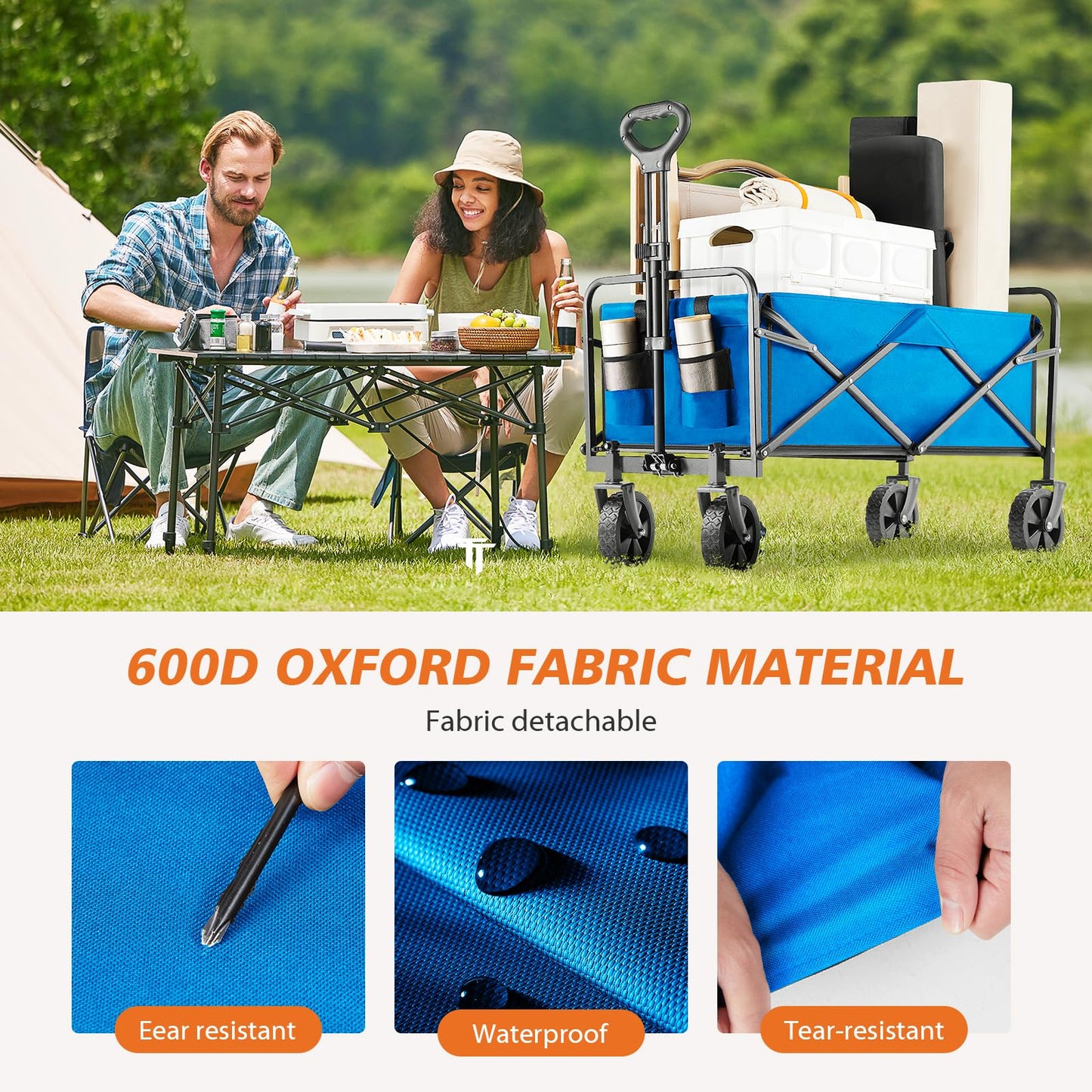 Sweetcrispy Collapsible Foldable Wagon Cart, Large Capacity Garden Cart with Wheels, Heavy Duty Utility Grocery Wagon with Drink Holders for Shopping Sports Camping - 30IN Blue